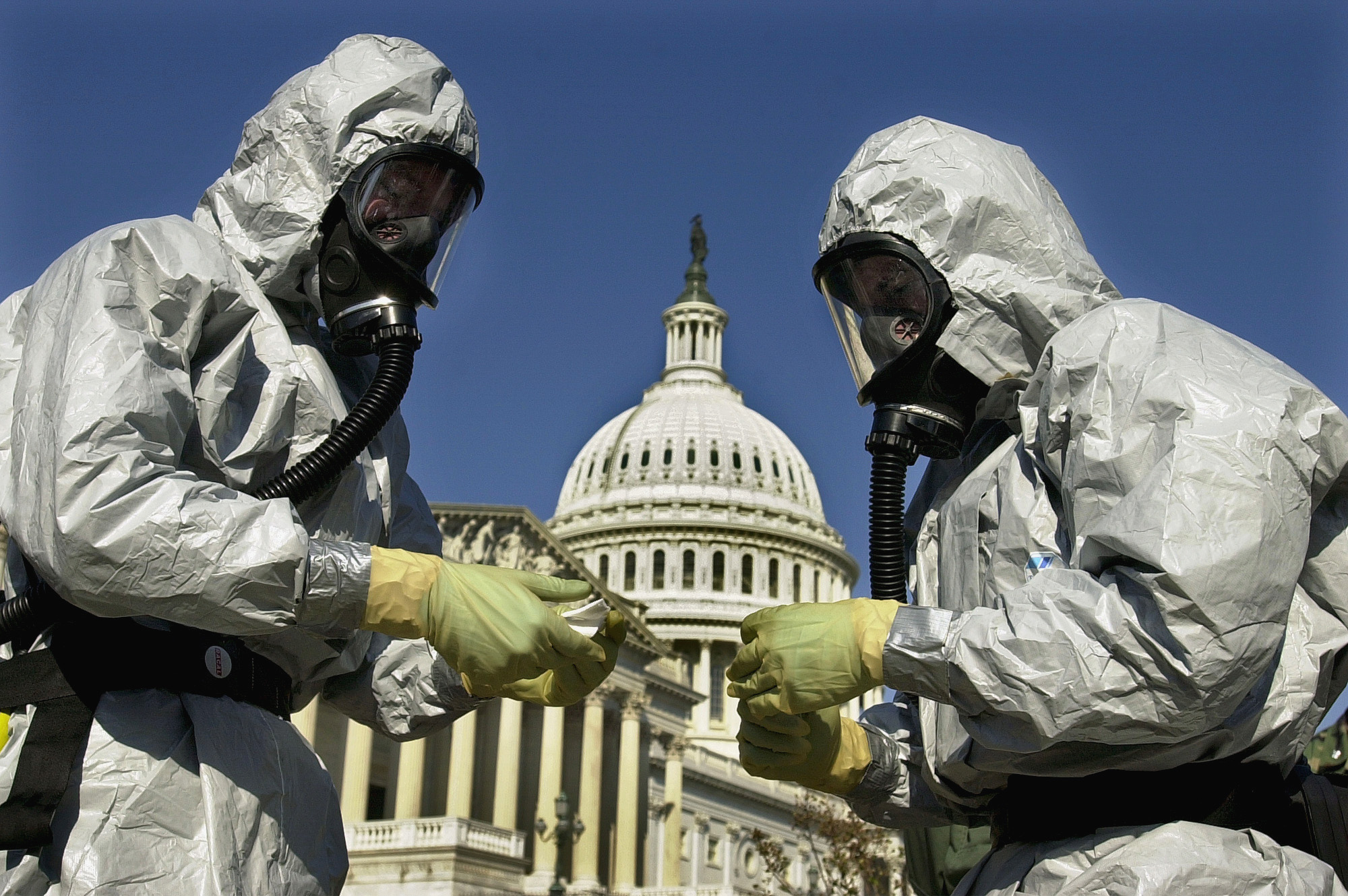 Members of a U.S. Marine Corps' Chemical-Biological Incident Response Force demonstrate anthrax clean-up techniques in Washington. (Kenneth Lambert—AP)