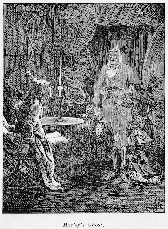 Marley's ghost appearing to Scrooge. Illustration for Charles Dickens' 