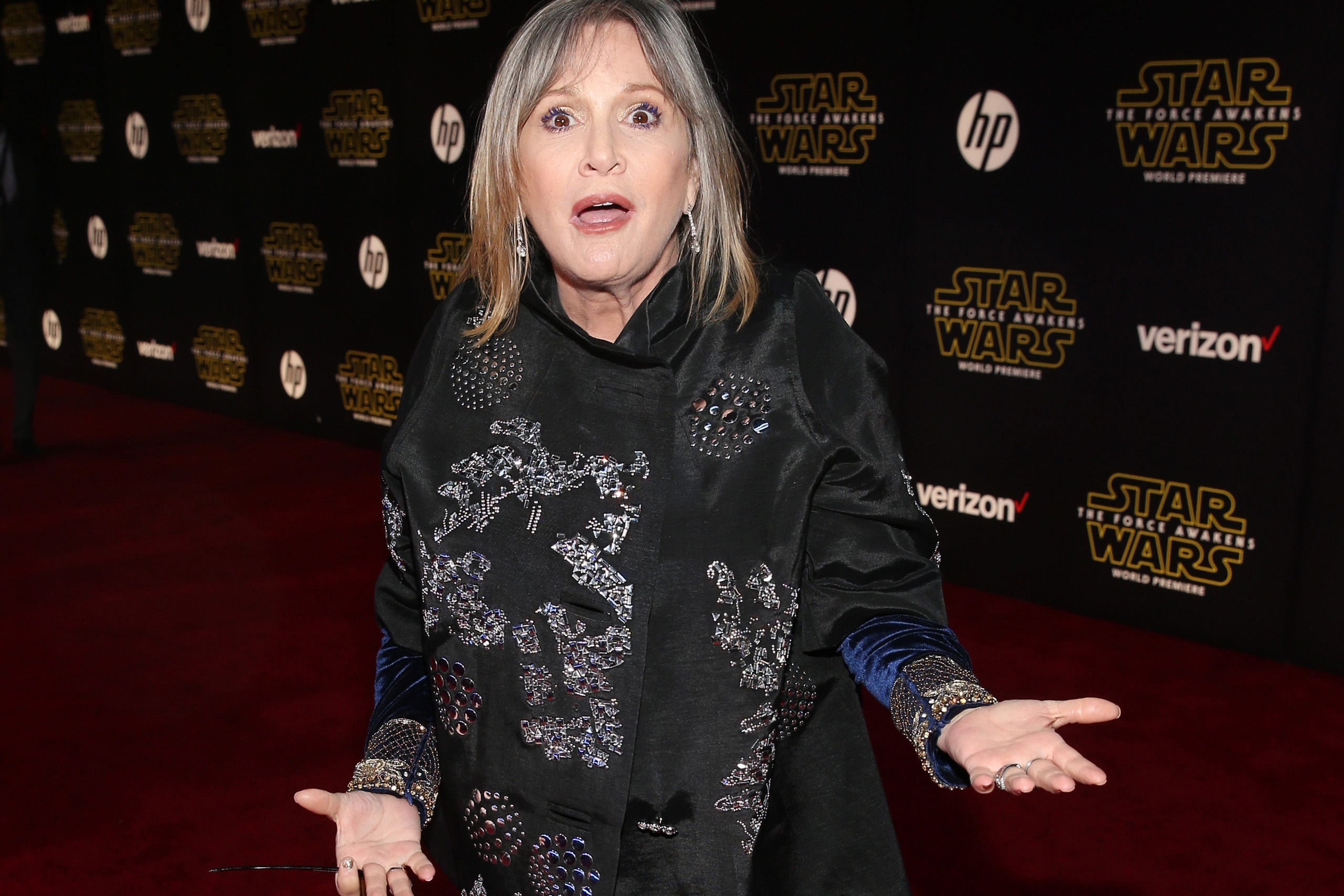 Carrie Fisher attends the World Premiere of Star Wars: The Force Awakens at the Dolby, El Capitan, and TCL Theaters in Hollywood, California, on December 14, 2015. (Jesse Grant—Getty Images for Disney)