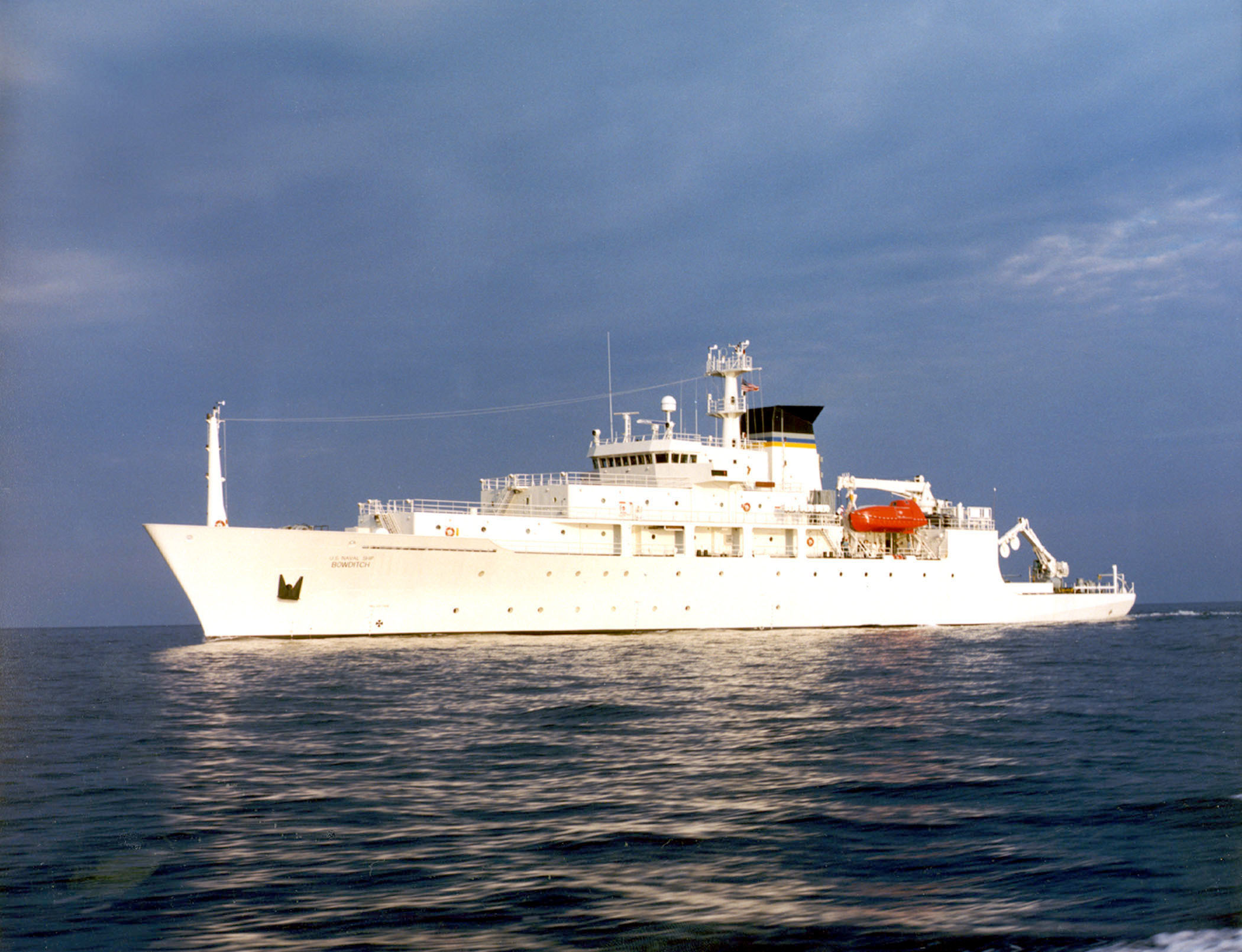 The USNS Bowditch, a T-AGS 60 Class Oceanographic Survey Ship, sails in open water. (U.S. Navy/AP)
