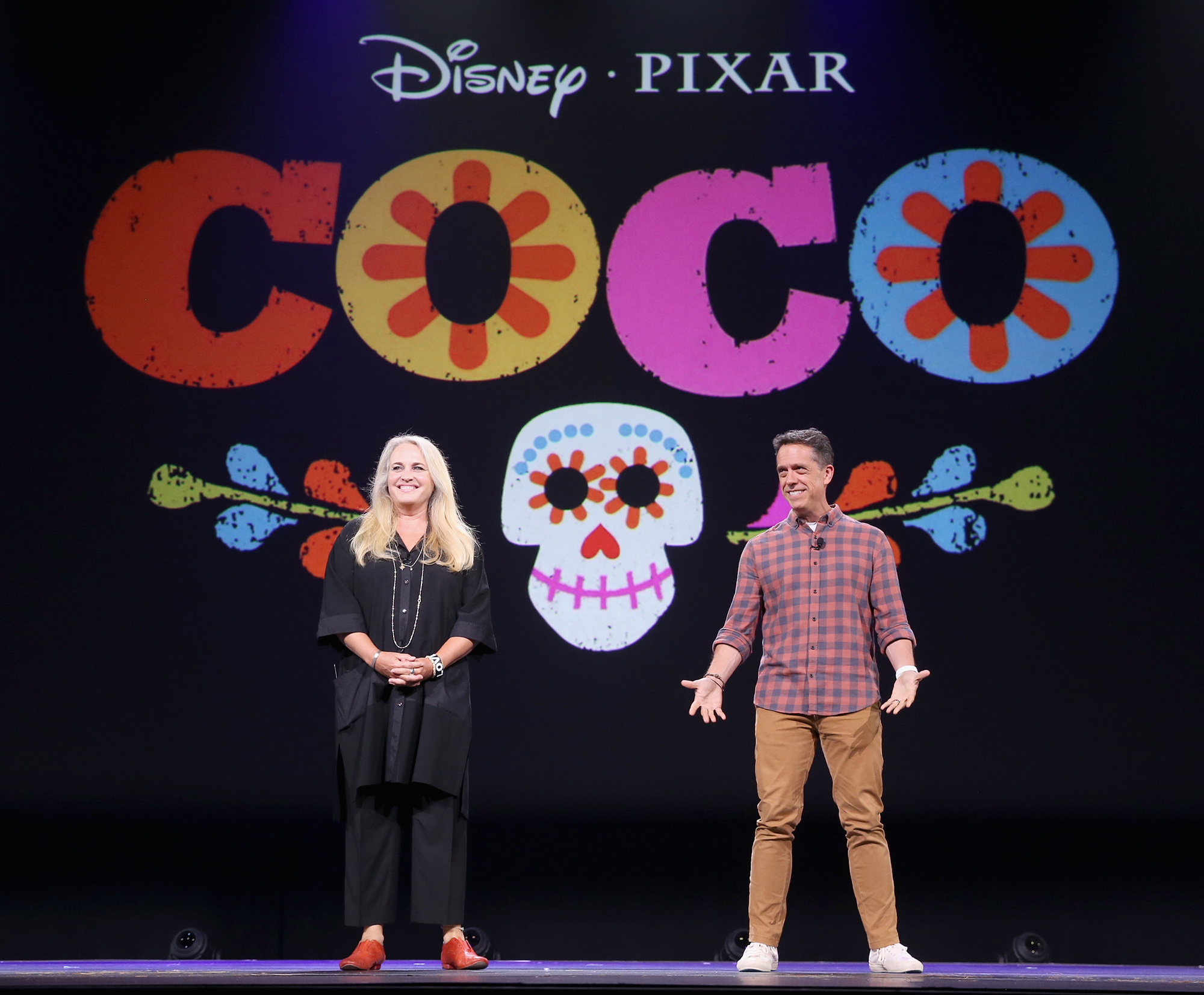 Producer Darla K. Anderson (L) and director Lee Unkrich of COCO took part today in "Pixar and Walt Disney Animation Studios: The Upcoming Films" presentation at Disney's D23 EXPO 2015 in Anaheim, Calif.  (Photo by Jesse Grant/Getty Images for Disney) (Jesse Grant&mdash;Getty Images for Disney)