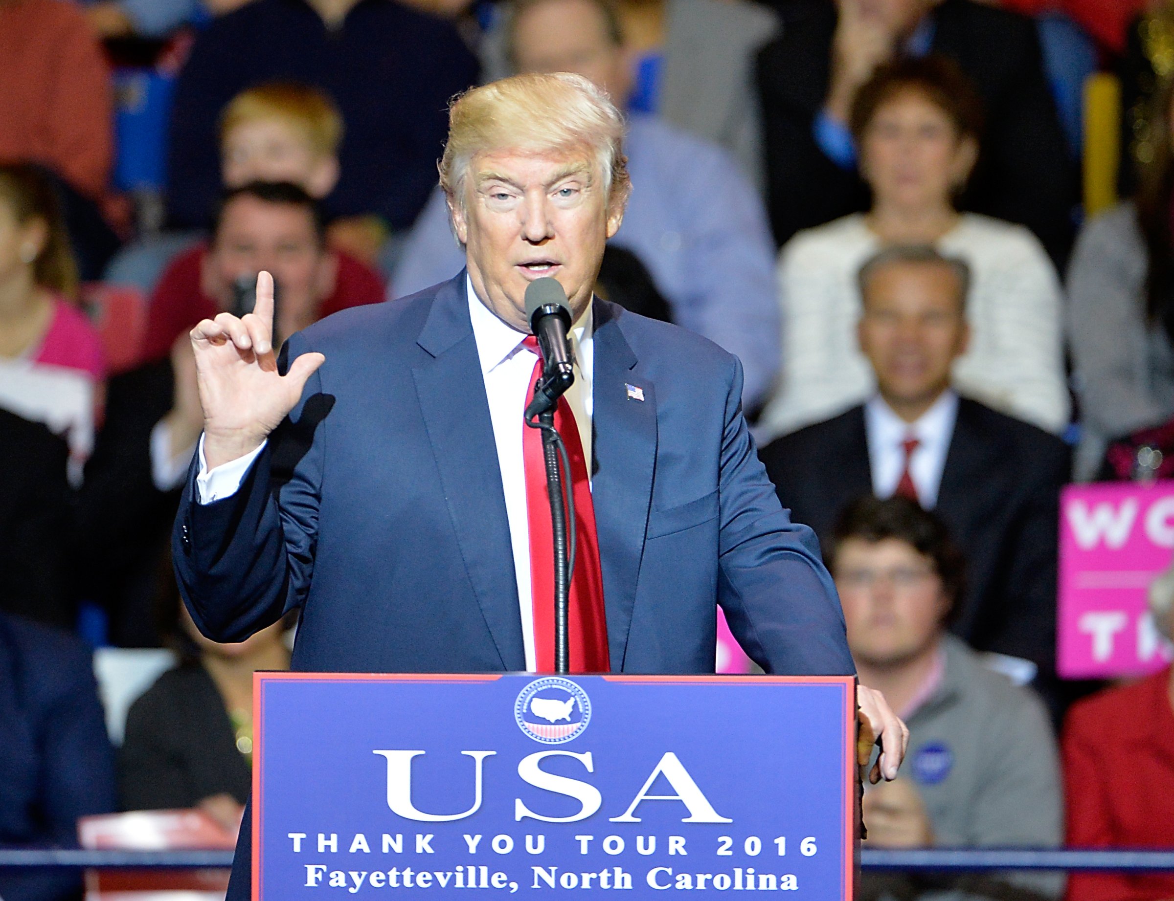 President-elect Donald Trump addresses an audience at Crown Coliseum on December 6, 2016 in Fayetteville, North Carolina.