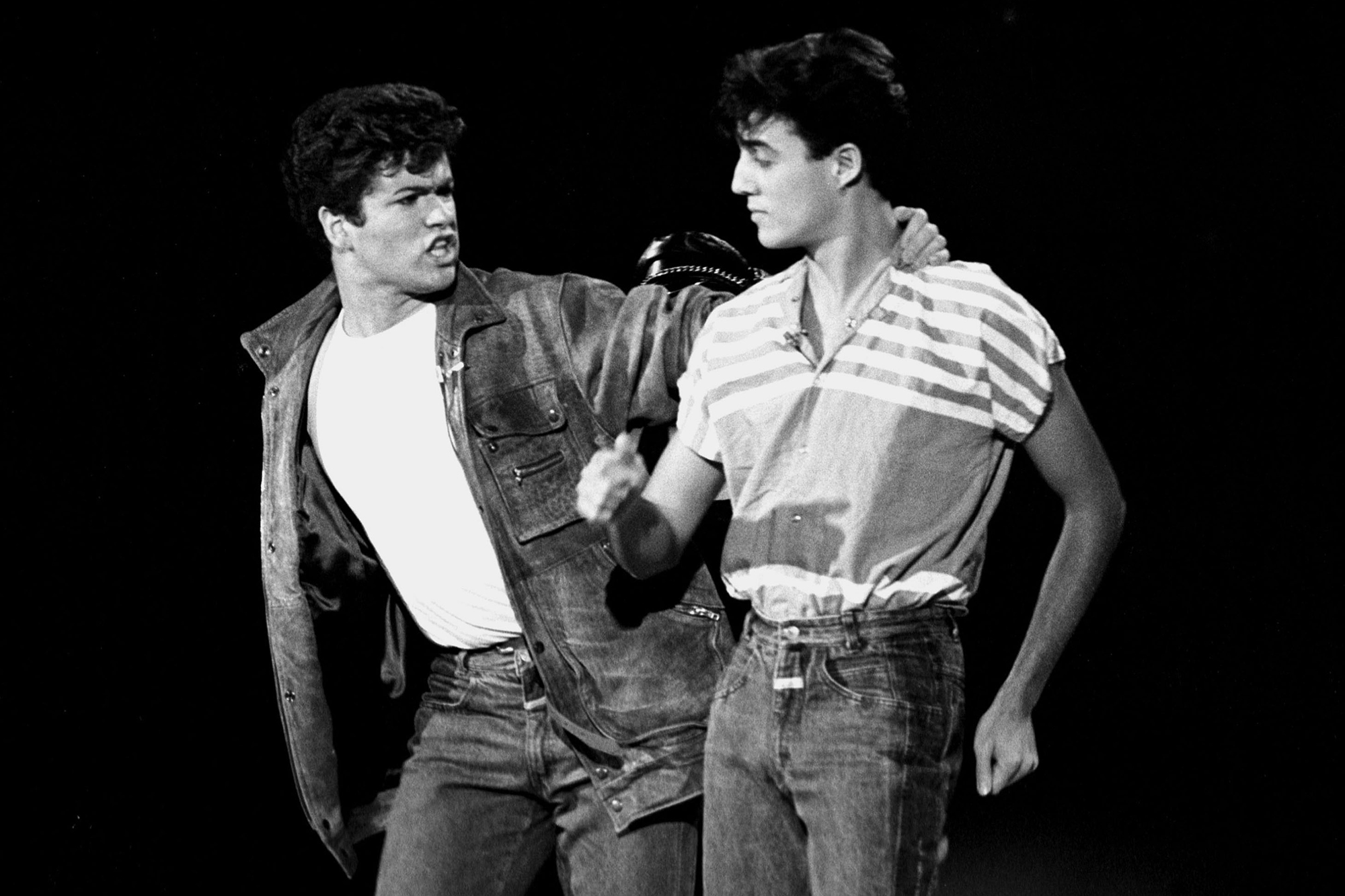 George Michael and Andrew Ridgeley of Wham! perform on the Solid Gold during their first American television appearance, on Nov. 12, 1982.