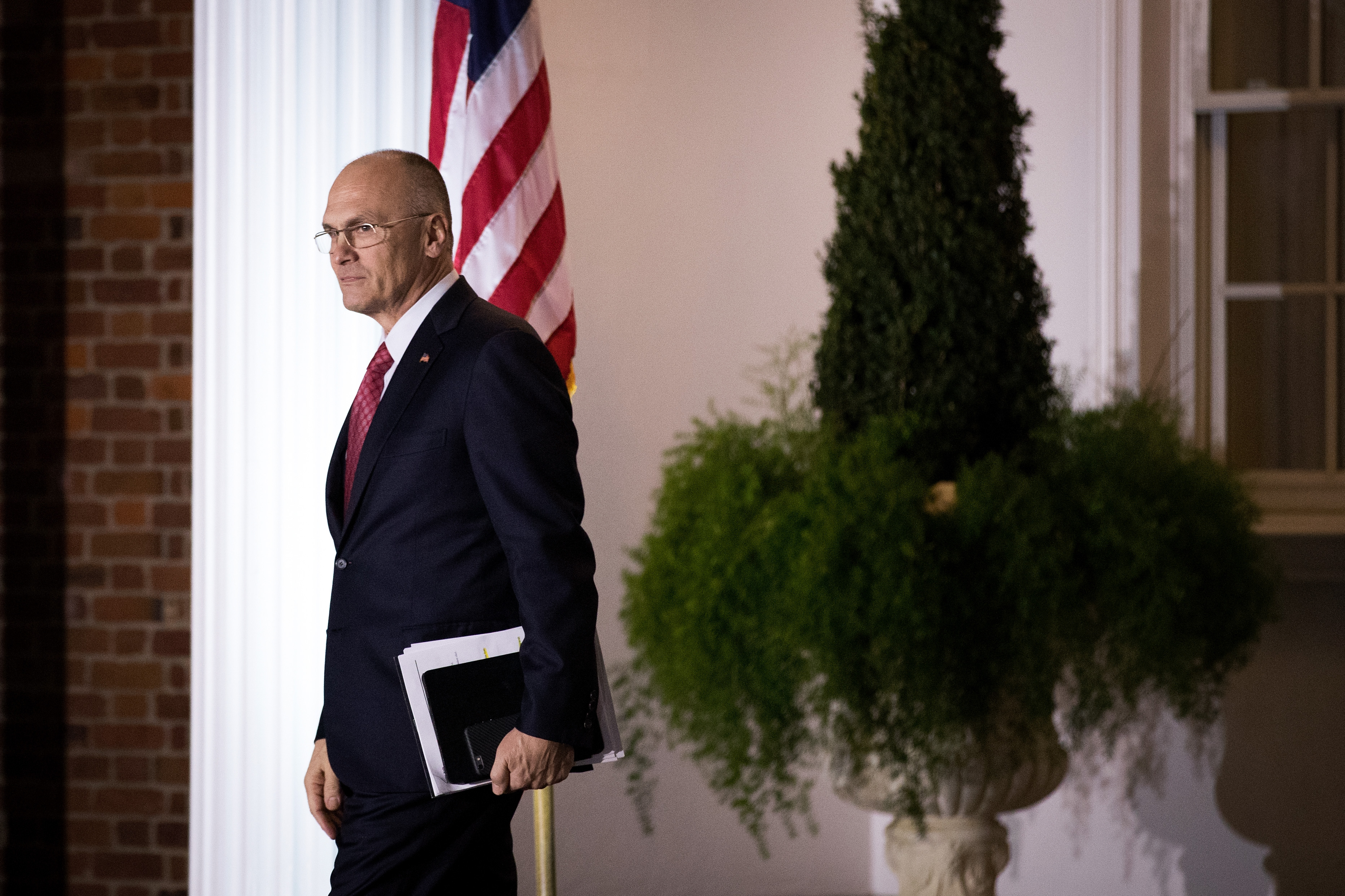 Andrew Puzder, chief executive of CKE Restaurants, exits after his meeting with president-elect Donald Trump at Trump International Golf Club, November 19, 2016 in Bedminster Township, New Jersey. (Photo by Drew Angerer--Getty Images) (Drew Angerer&mdash;Getty Images)