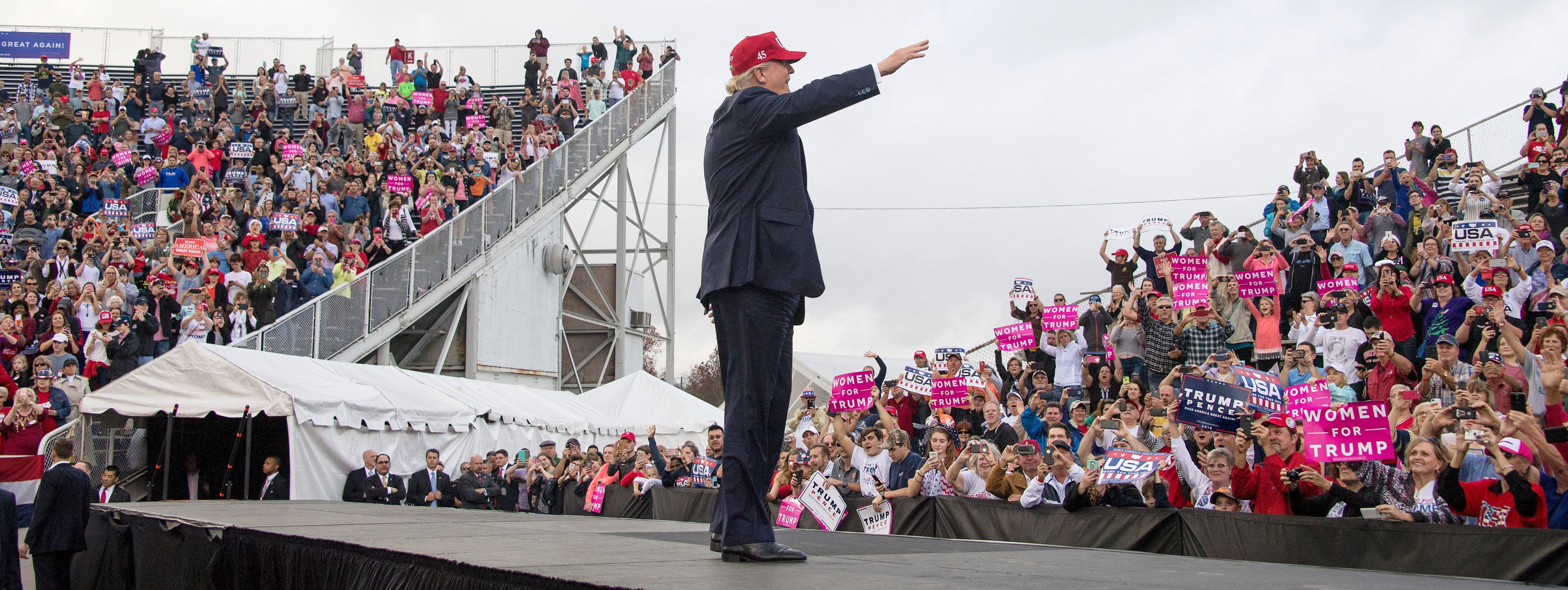 US President-elect Donald Trump waves to supporters in Mobile, Alabama, during a 'Thank You Tour 2016' rally on December 17, 2016.      (JIM WATSON--AFP/Getty Images) (JIM WATSON&mdash;AFP/Getty Images)