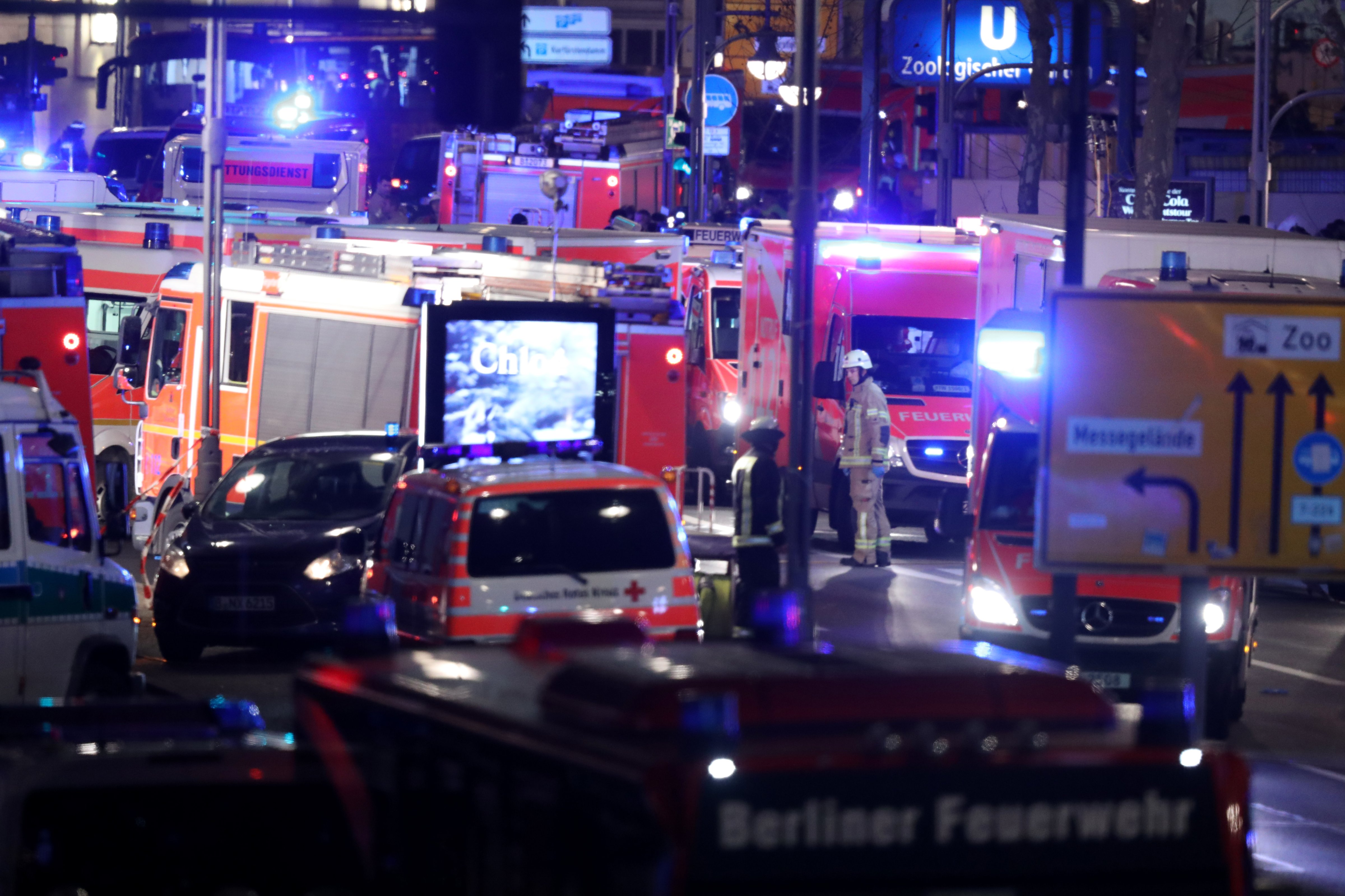 Ambulances line the streets as rescue workers tend to the area after a lorry truck plowed through a Christmas market on December 19, 2016 in Berlin, Germany. (Sean Gallup—Getty Images)