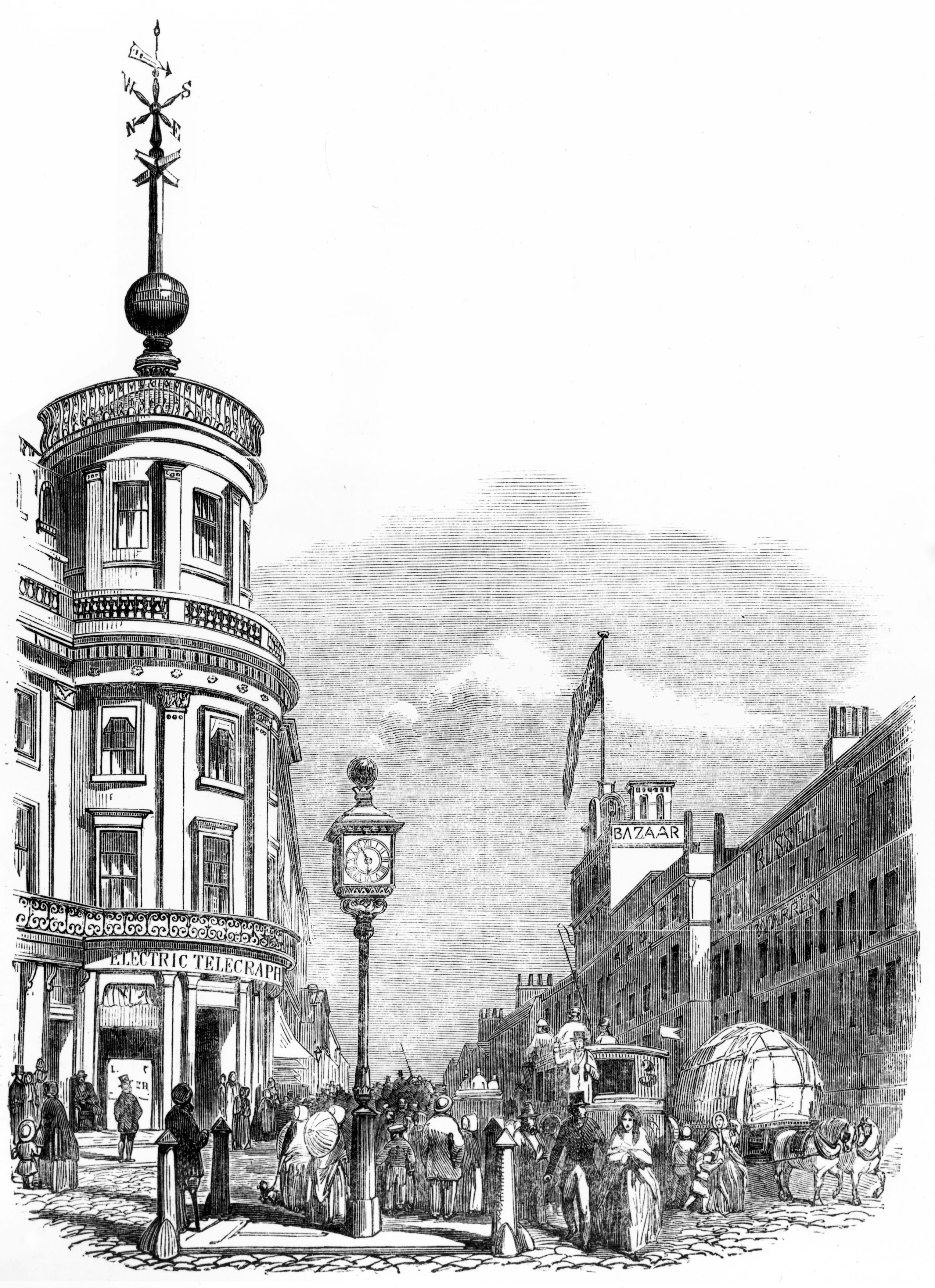 Engraving taken from the <i>Illustrated London News</i>. A master clock, verified each day by stellar observation, sent electric impulses to clocks throughout the country via the growing network of telegraph wires providing for public and railway use. The time ball at the Strand received the impulses hourly from the Central Telegraphy Station of the Electric Telegraph Company. (SSPL—Getty Images)