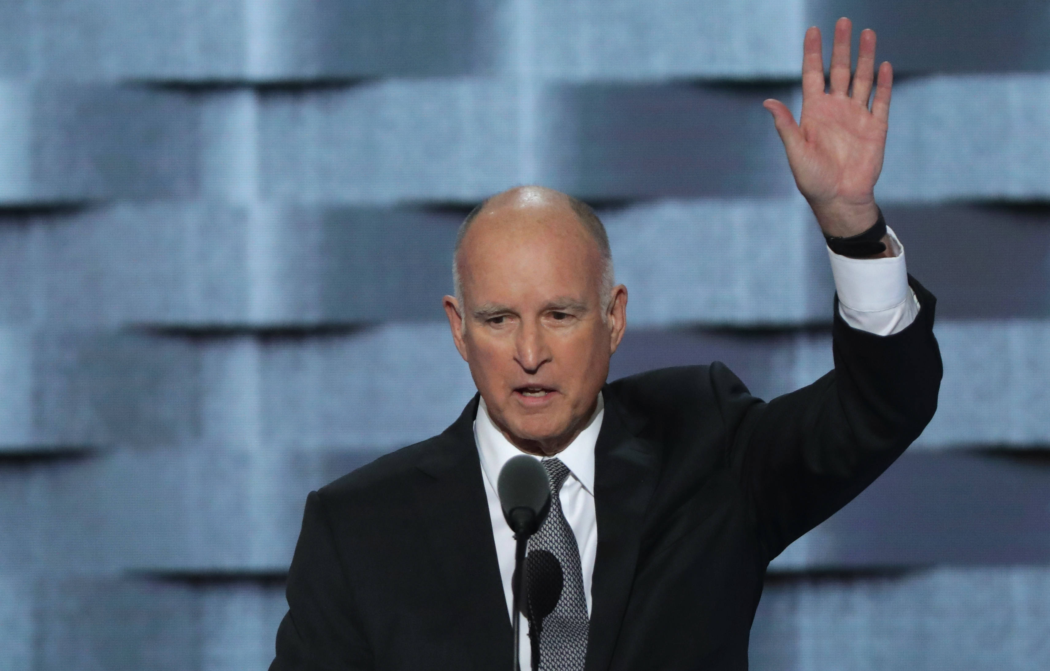 California Governor Jerry Brown delivers remarks on the third day of the Democratic National Convention at the Wells Fargo Center, July 27, 2016 in Philadelphia, Pennsylvania. (Alex Wong—Getty Images)