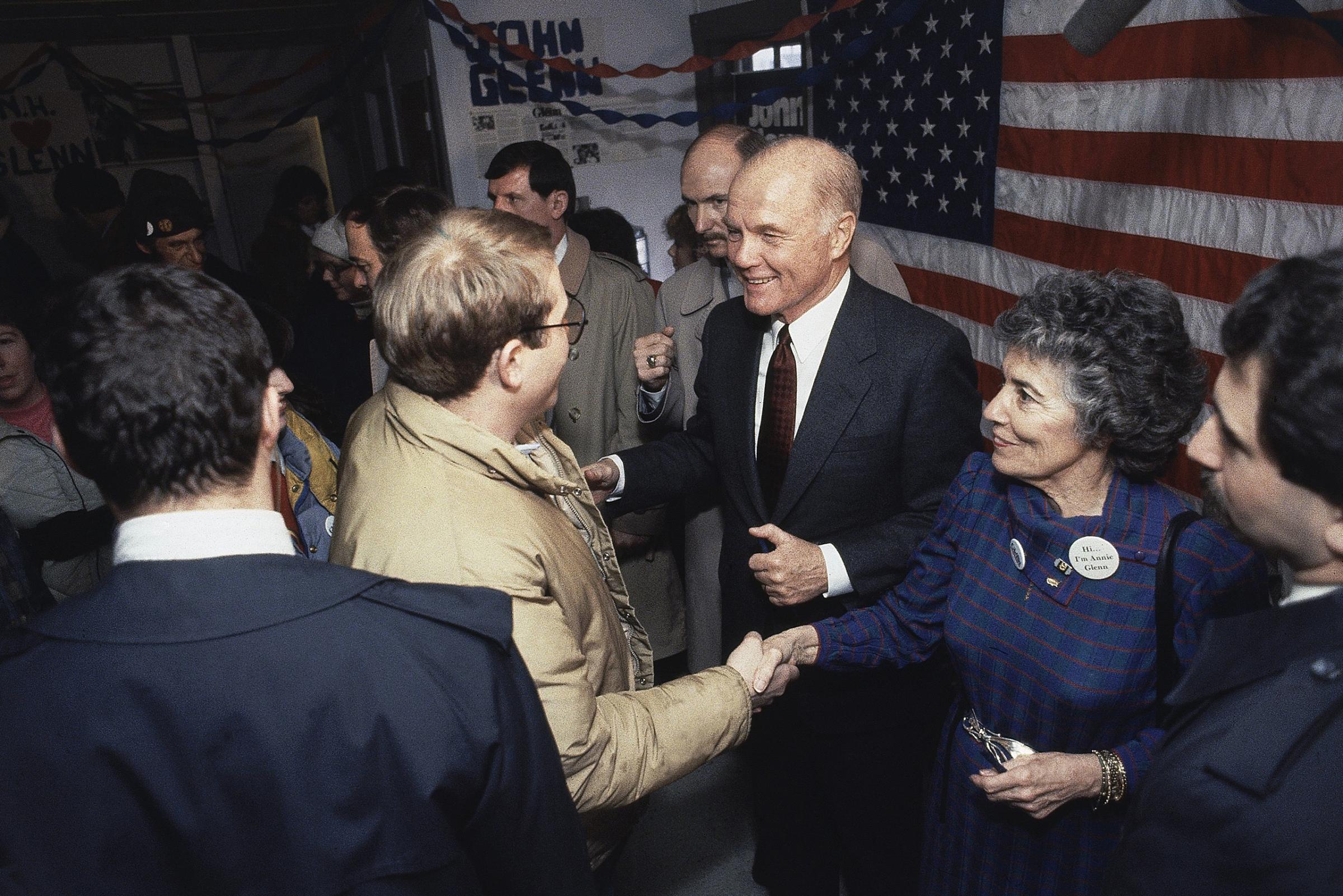 A Run for the Highest Office (on Earth) A presidential candidate in 1984, Glenn campaigned with his wife Annie in New Hampshire. Though his Senate wins came easily after his first victory, Glenn proved a harder sell to a national electorate, mostly because of his dry — the media would call it boring — campaign style.