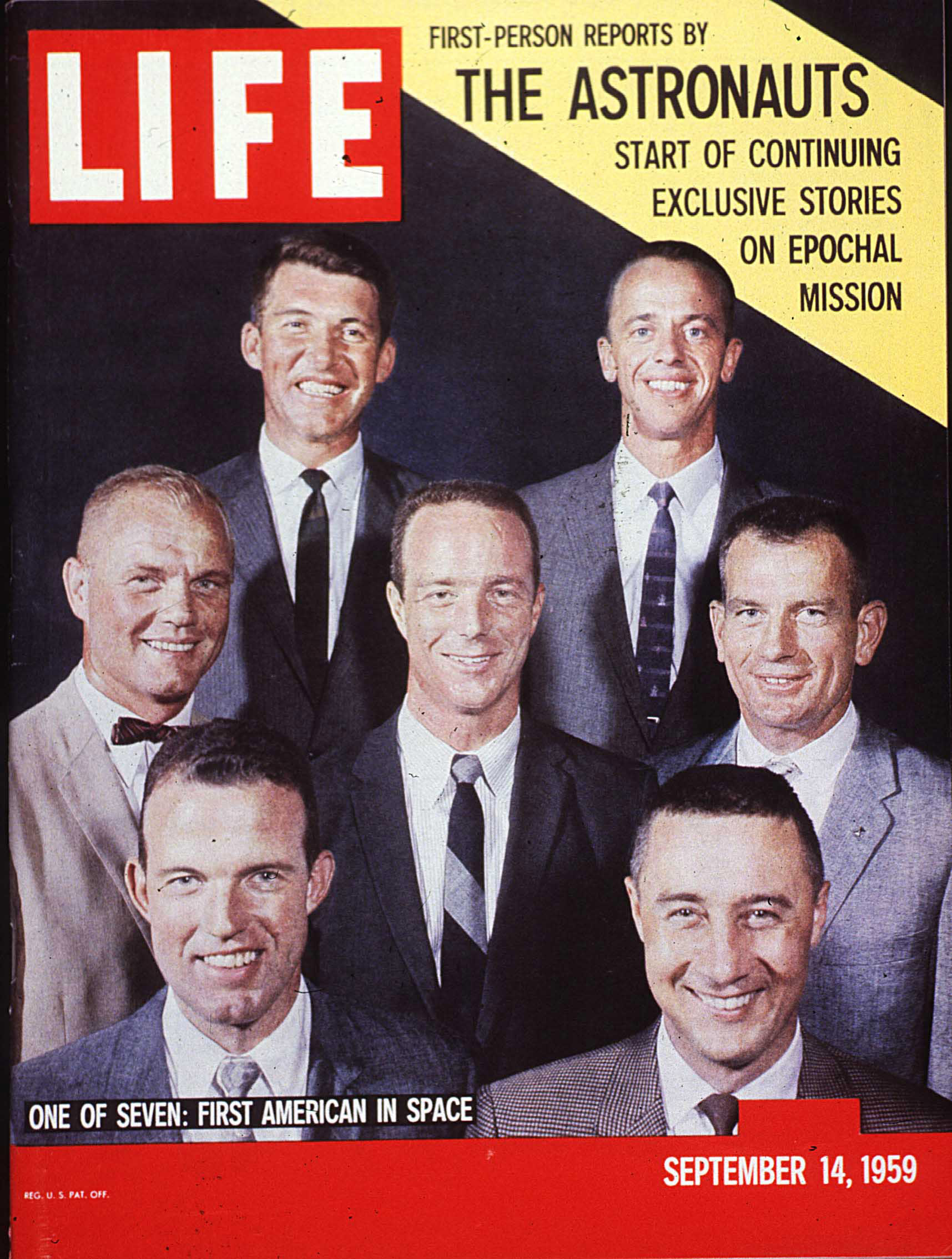 Sept. 14, 1959 cover of LIFE magazine—group portrait of Project Mercury astronauts (R-L): Top: Walter Schirra; Alan Shepard; Middle: John Glenn; Scott Carpenter; Donald Slayton; Bottom: Leroy Cooper; Virgil Grissom.