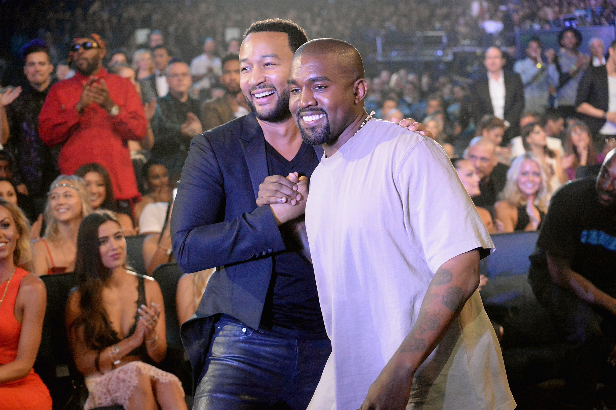 John Legend and Kanye West attend the 2015 MTV Video Music Awards in Los Angeles, California.  (Photo by Jeff Kravitz/MTV1415/FilmMagic) (Jeff Kravitz/MTV1415&mdash;FilmMagic)