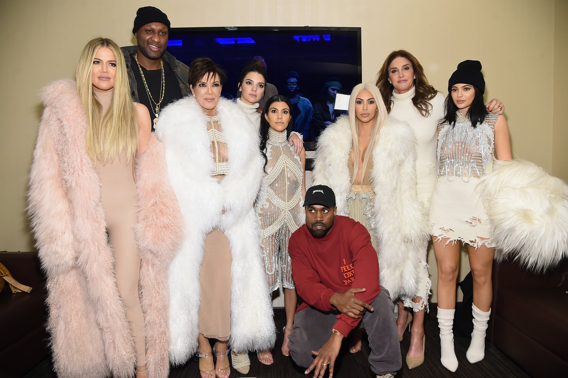 Khloe Kardashian, Lamar Odom, Kris Jenner, Kendall Jenner, Kourtney Kardashian, Kanye West, Kim Kardashian, Caitlin Jenner and Kylie Jenner attend Kanye West Yeezy Season 3 on February 11, 2016 in New York City.