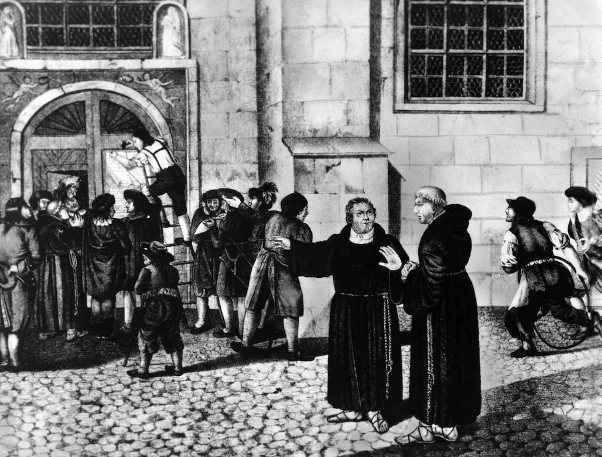 An illustration of the posting of Martin Luther's Ninety-Five Theses at the Castle Church in Wittenberg (ullstein bild / Getty Images)