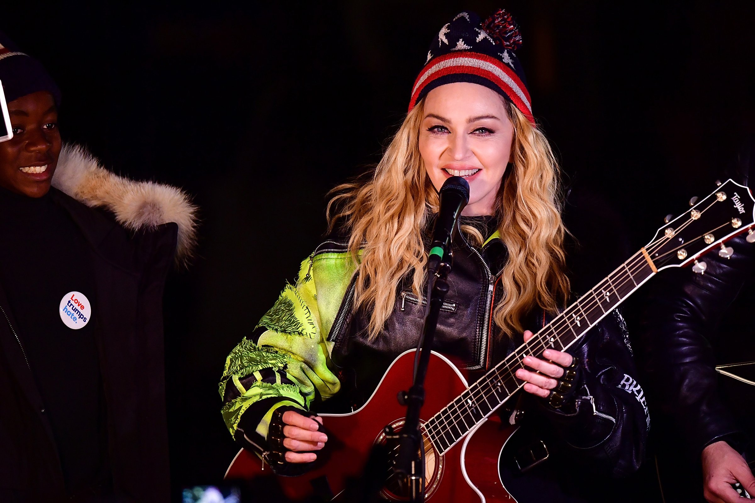 Madonna perfroms a surprise concert at Washington Square Park in support of Hillary Clinton on November 7, 2016 in New York City.