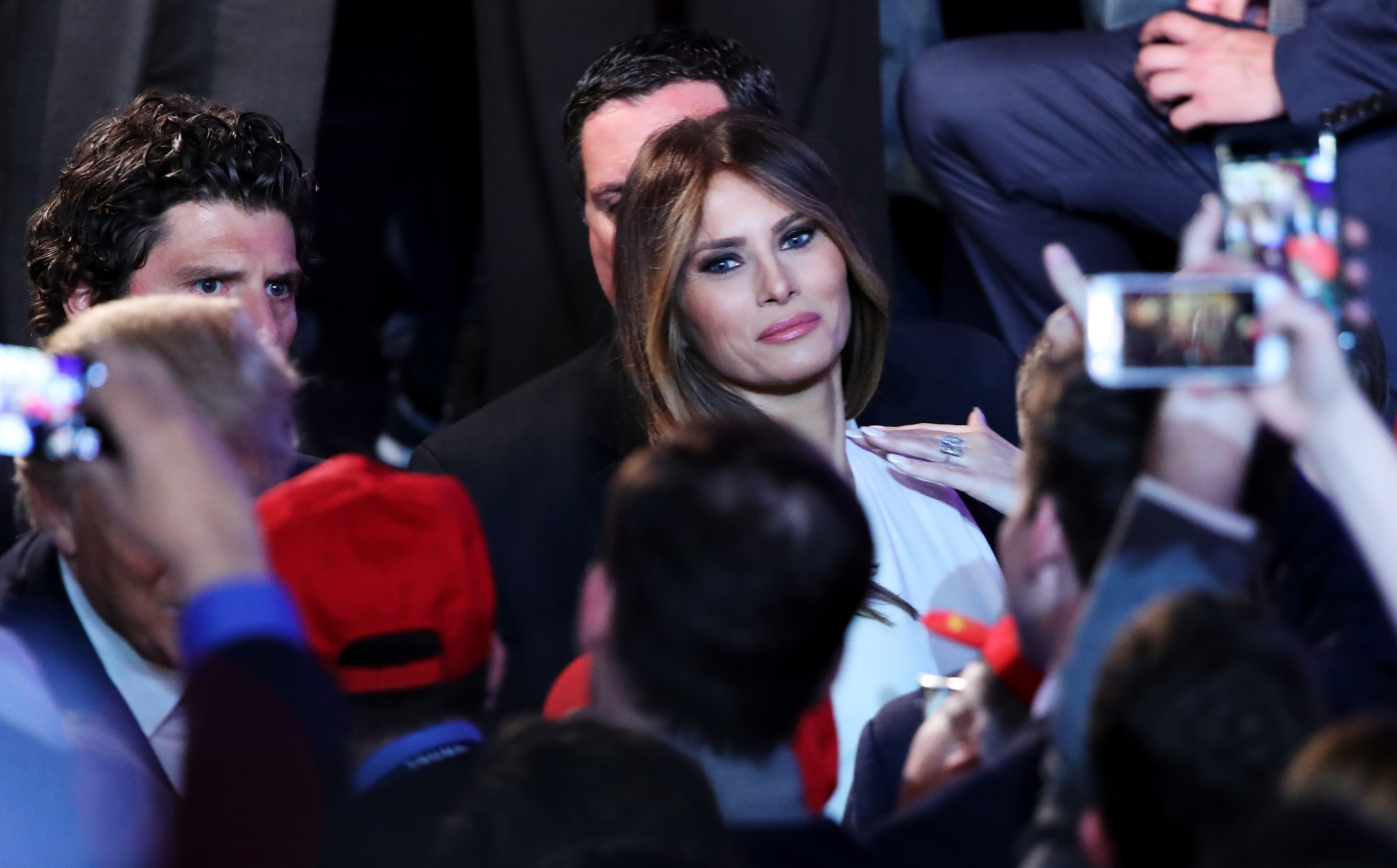Melania Trump acknowledges people in the crowd after her husband and Republican president-elect Donald Trump delivered his acceptance speech at the New York Hilton Midtown in the early morning hours of November 9, 2016 in New York City. (Mark Wilson&mdash;Getty Images)