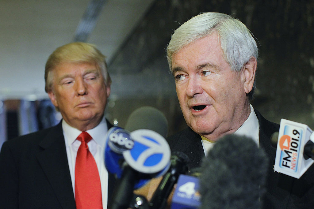 Newt Gingrich (R) speaks to the media as Donald Trump listens at Trump Tower following a meeting between the two on Dec. 5, 2011 in New York City. (Spencer Platt&mdash;Getty Images)