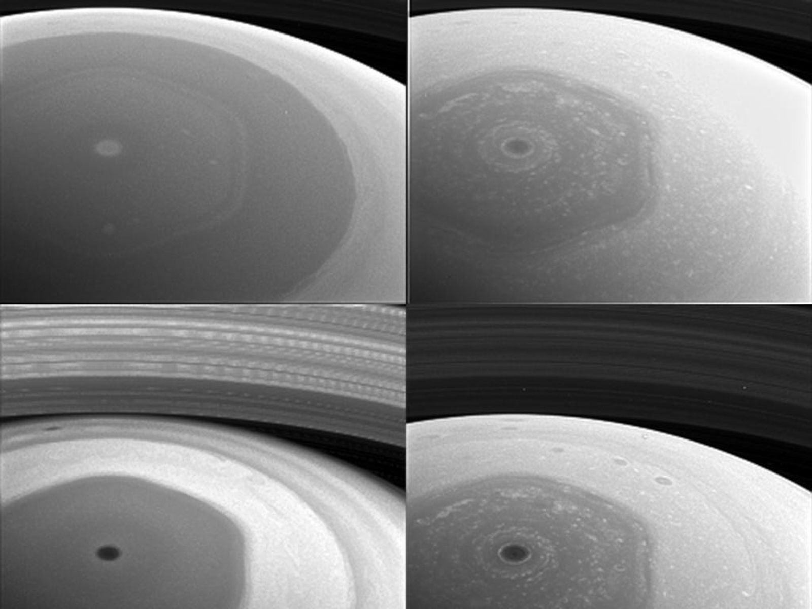 This collage of images from NASA's Cassini spacecraft shows Saturn's northern hemisphere and rings as viewed with four different spectral filters.