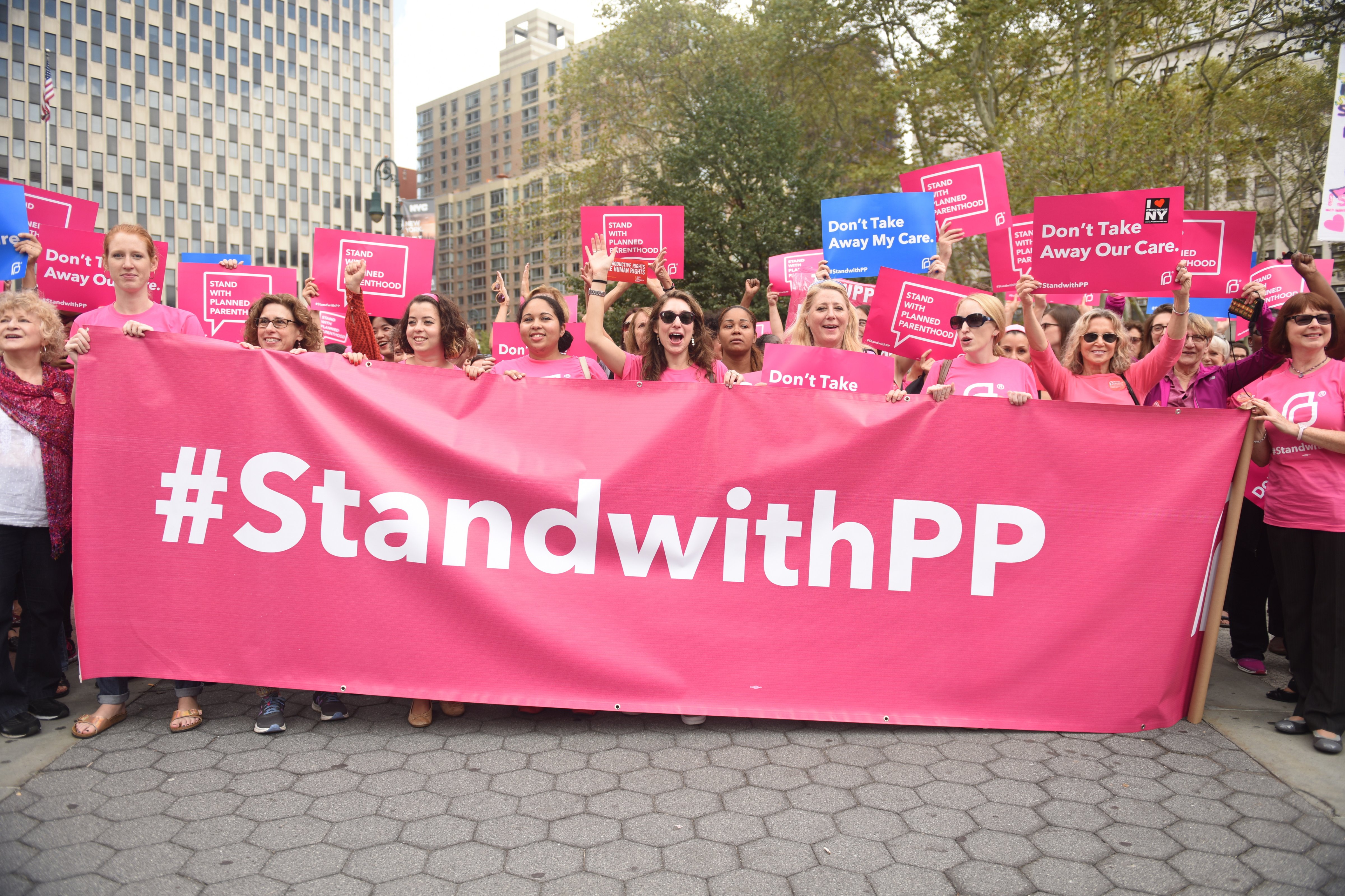 MANHATTAN, NEW YORK CITY, NEW YORK, UNITED STATES - 2015/09/29: Activists hold Planned Parenthood banner in Foley Square. Activists and directors of Planned Parenthood, NYC, gathered in Foley Square along NYC first lady Chirlane McCray and elected representatives to demonstrate support for the organization. (Photo by Andy Katz/Pacific Press/LightRocket via Getty Images) (Pacific Press—LightRocket via Getty Images)
