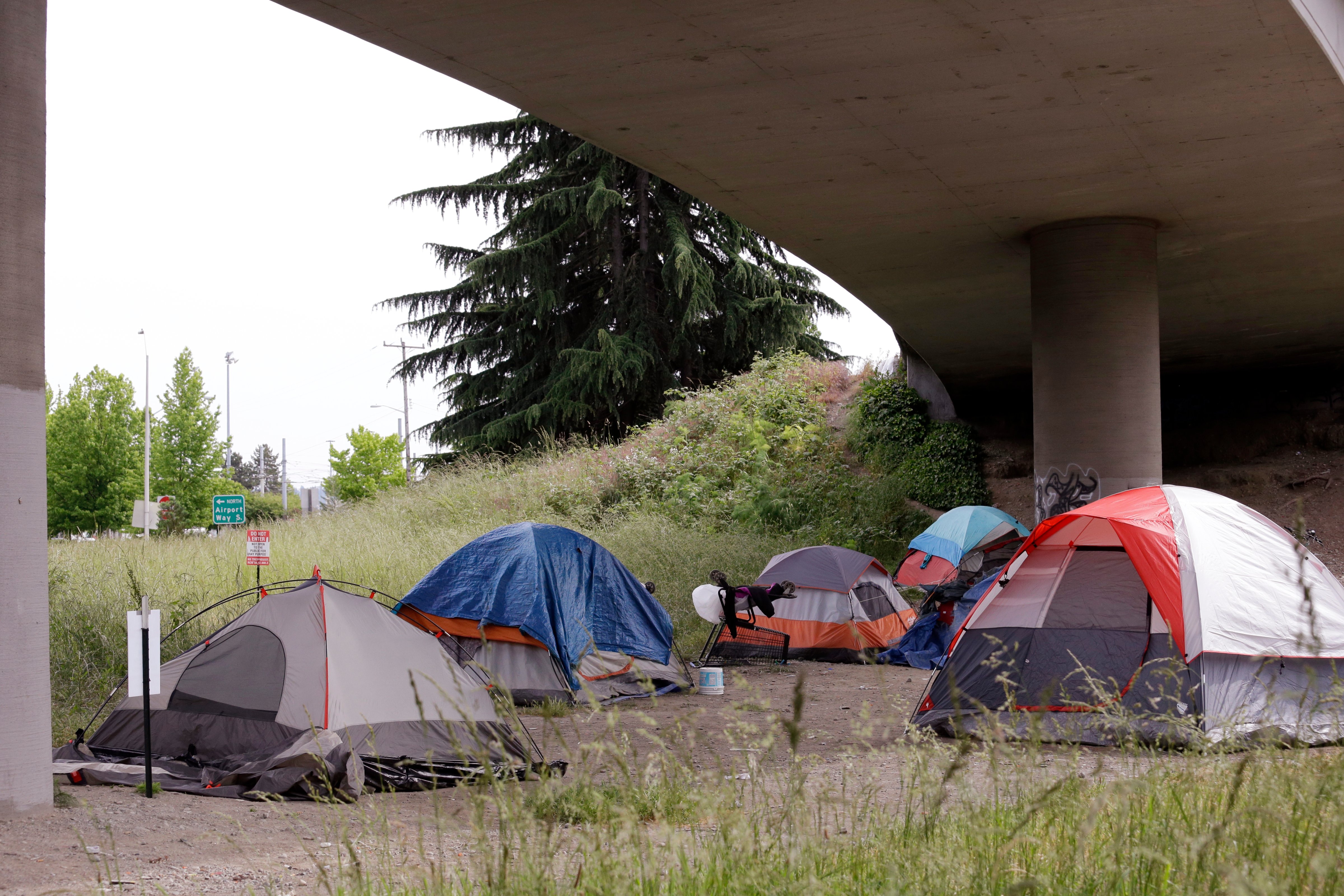 Tents line a small green space below Interstate 90 and a short walk to a homeless area known as the Jungle, May 17, 2016, in Seattle. (Elaine Thompson—AP)