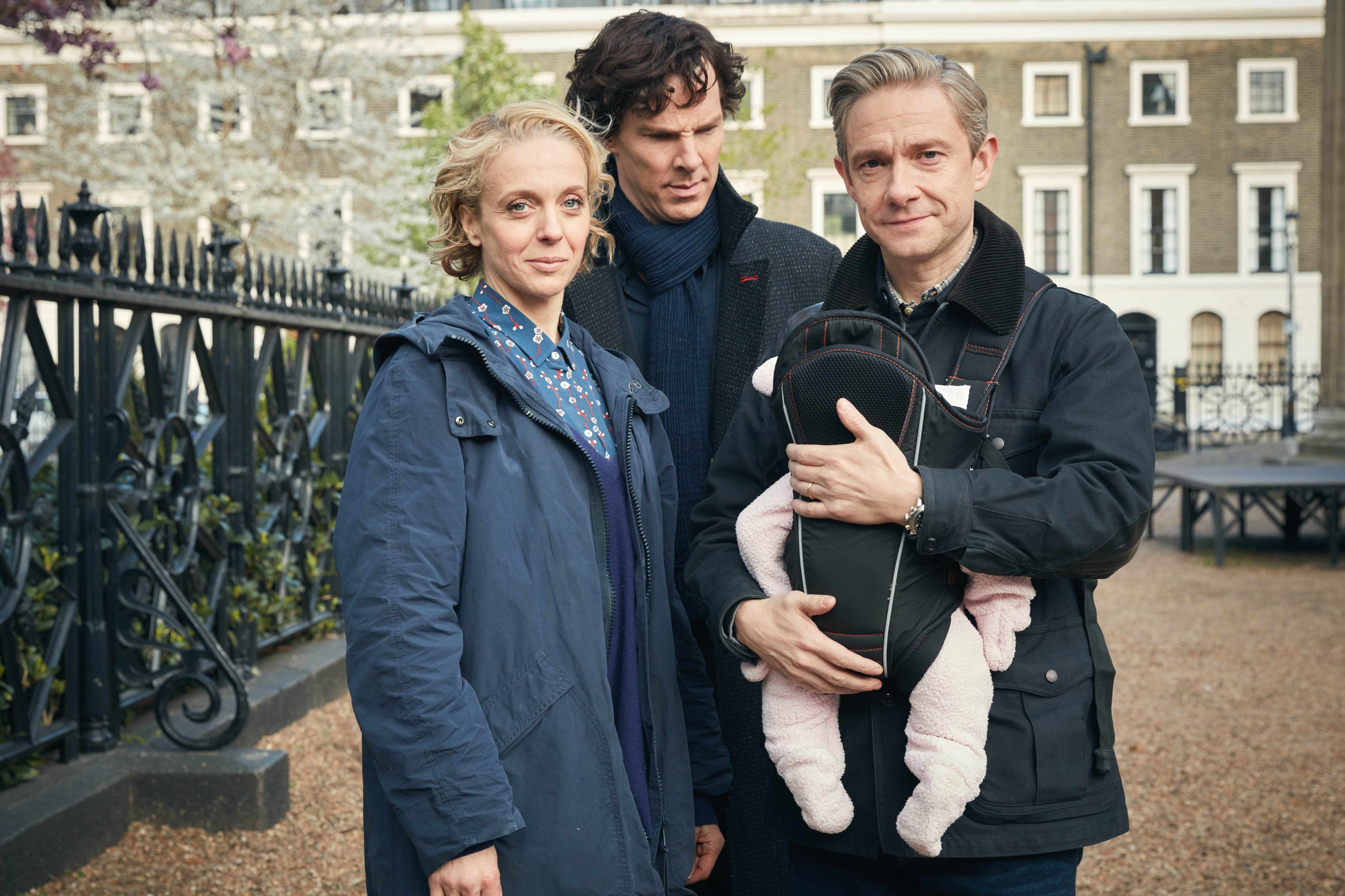 From left: Amanda Abbington, Benedict Cumberbatch and Martin Freeman in <i>Sherlock</i>. (Robert Viglasky—Hartswood Films/PBS)