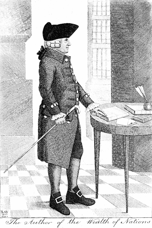 Adam Smith (1723-1790) Scottish philosopher and economist, standing wearing hat and wig and carrying cane, pointing to book on table. Author of Inquiry into the Nature and Causes of the Wealth of Nations 1776. Etching by John Kay, Edinburgh 1790.