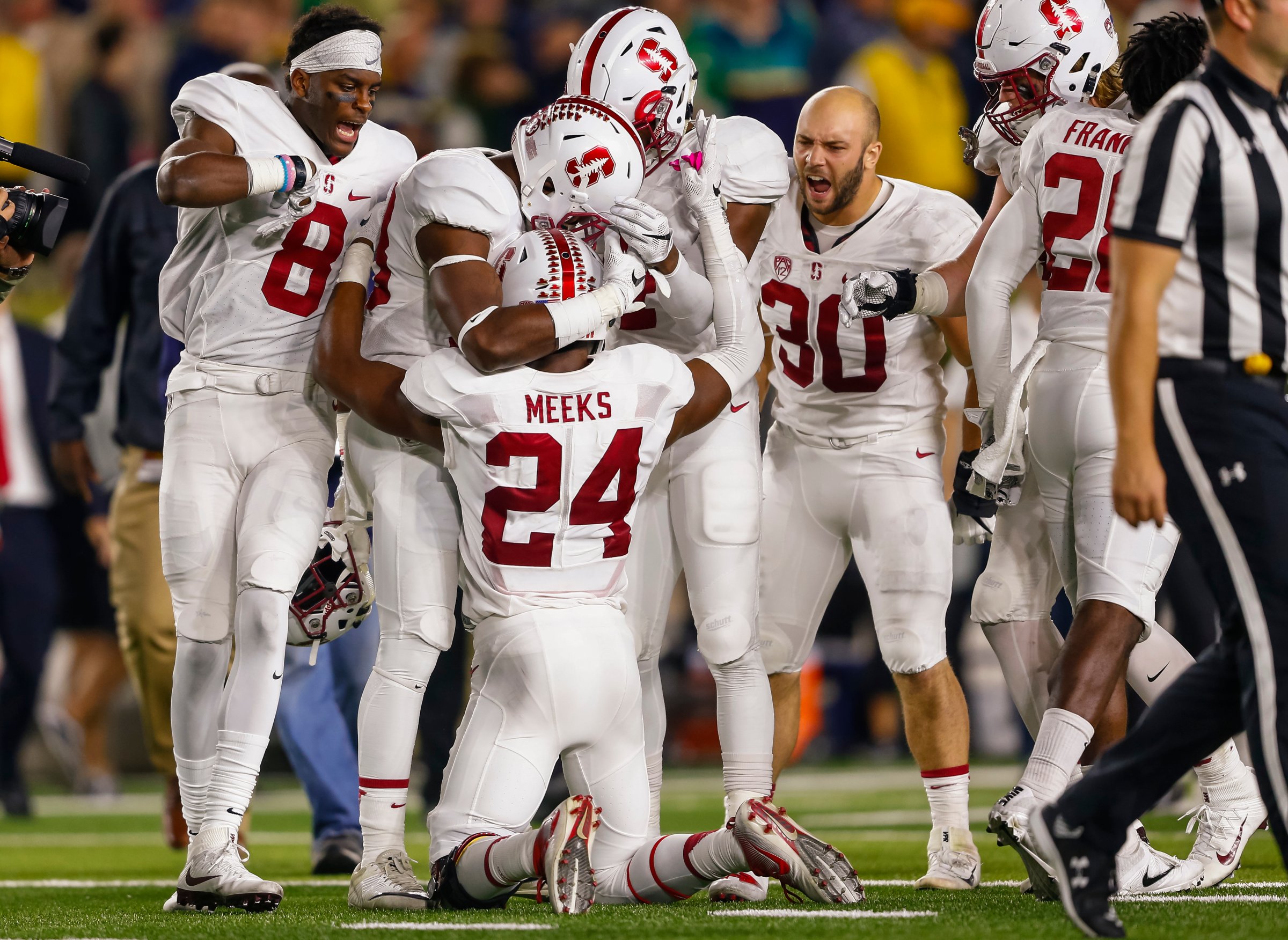 Members of the Stanford Cardinal celebrate after the game against the Notre Dame Fighting Irish at Notre Dame Stadium on Oct. 15, 2016 in South Bend, Indiana.
