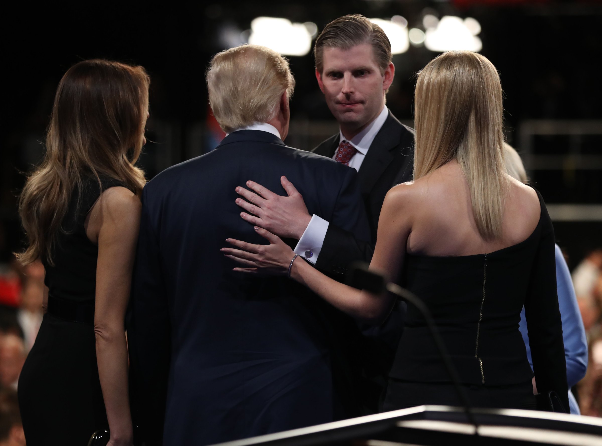 Donald Trump is cheered by his son Donald Trump Jr. at the end of the final presidential debate at the Thomas Mack Center on the campus of the University of Las Vegas, Oct. 19, 2016.