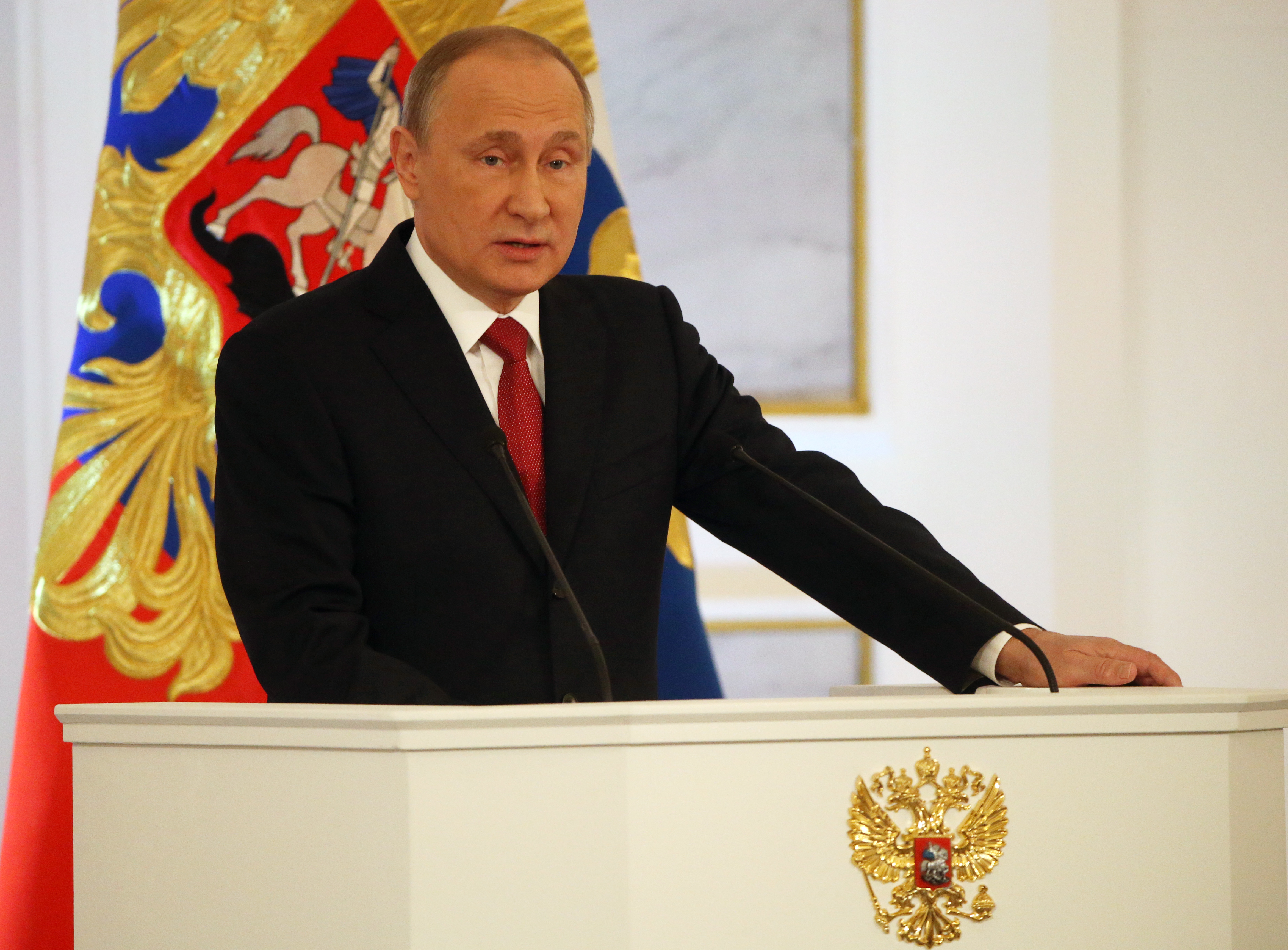 Russian President Vladimir Putin delivers his annual speech to the Federal Assembly at Grand Kremlin Palace on Dec. 1 in Moscow, Russia. (Mikhail Svetlov—Getty Images)
