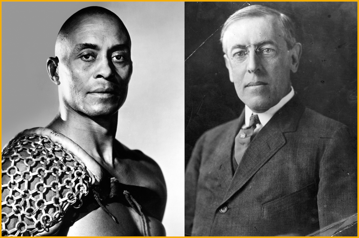 American actor Woody Strode in Stanley Kubrick's film 'Spartacus' (L) and the person after whom he was named: Woodrow Wilson, the 28th President of the United States of America. (John D. Kisch—Separate Cinema Archive/Getty Images (L) and Hulton Archive/Getty Images (R))