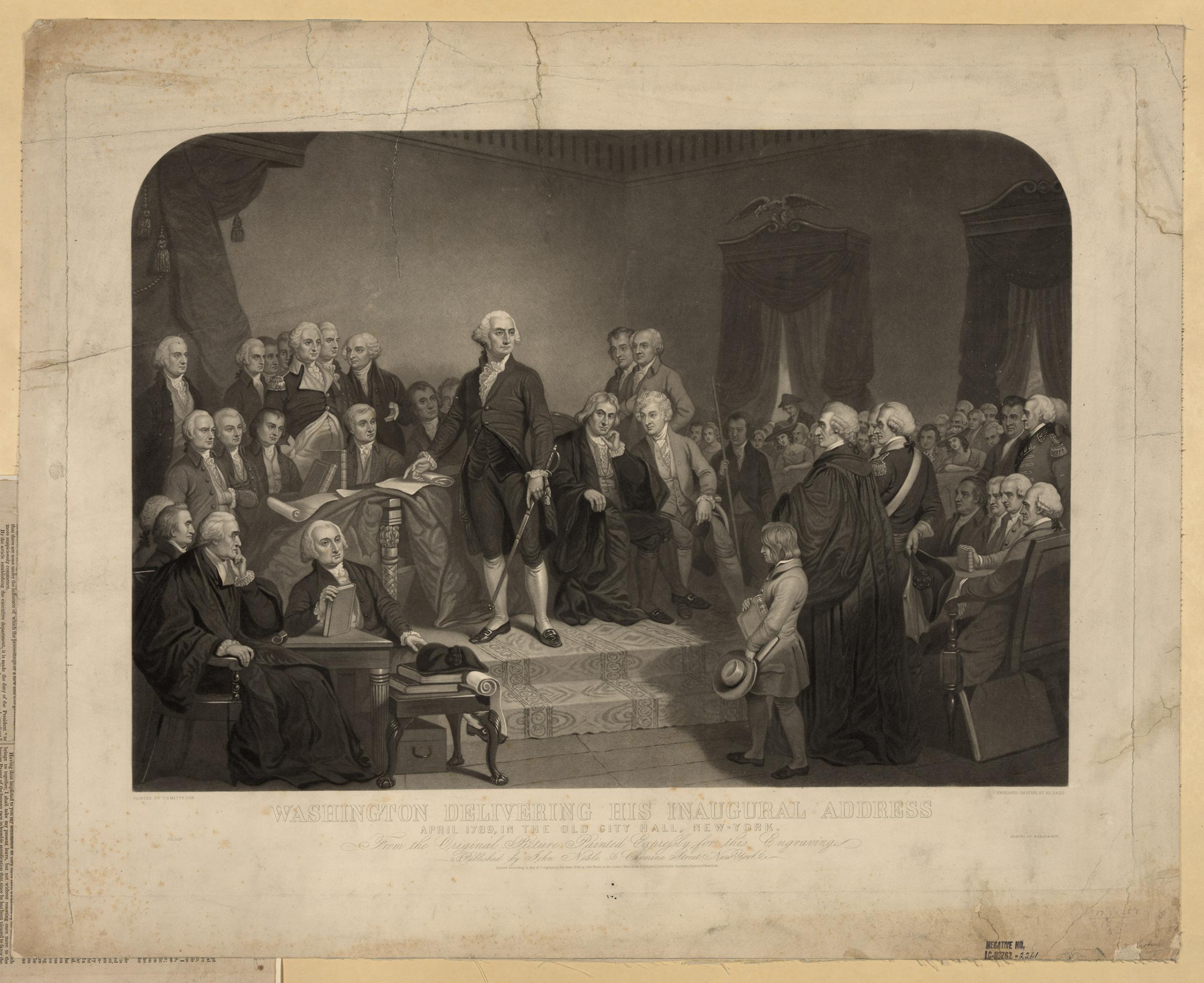George Washington delivering his inaugural address, 1789.
