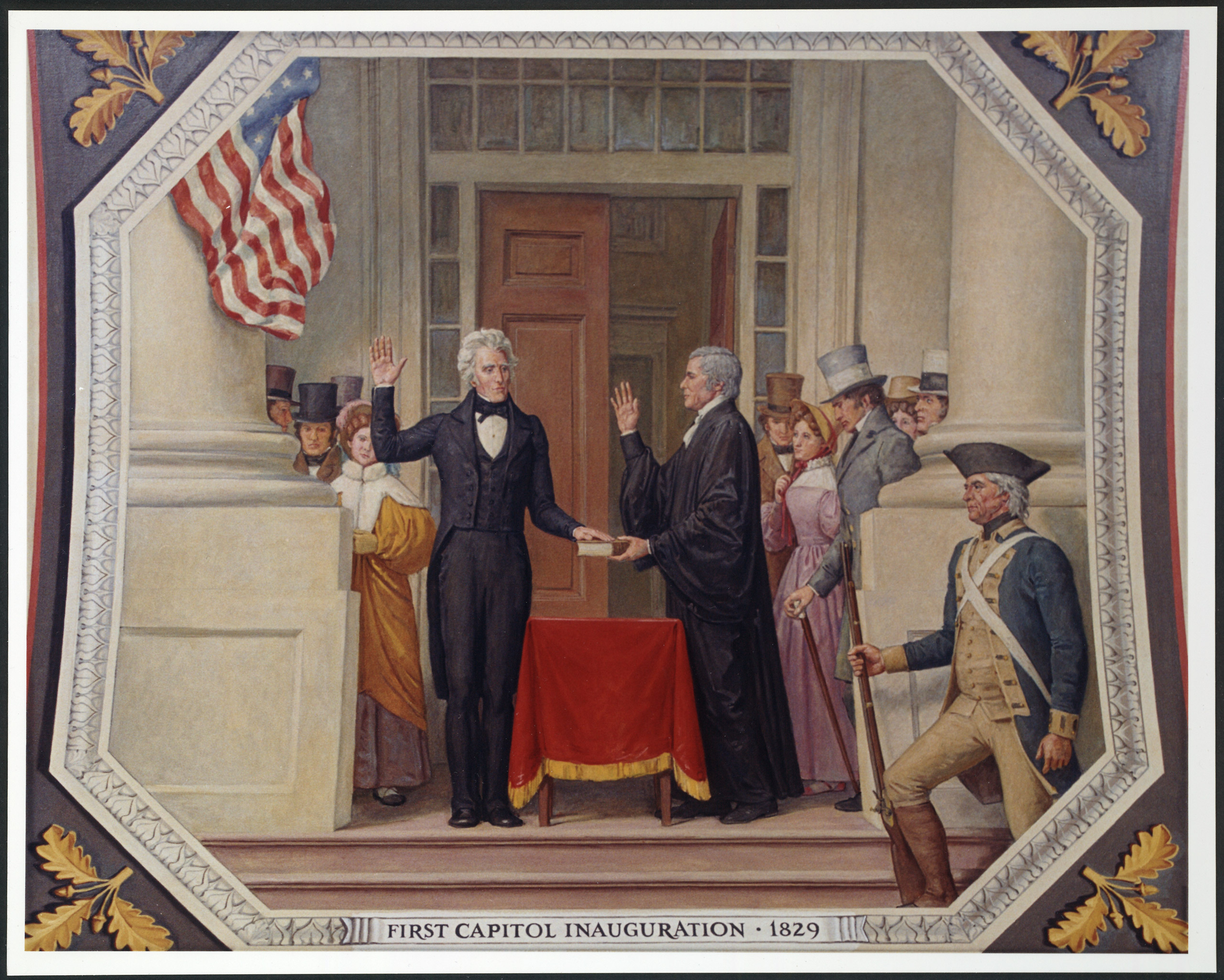 Chief Justice John Marshall administering the oath of office to Andrew Jackson on the east portico of the U.S. Capitol, March 4, 1829.