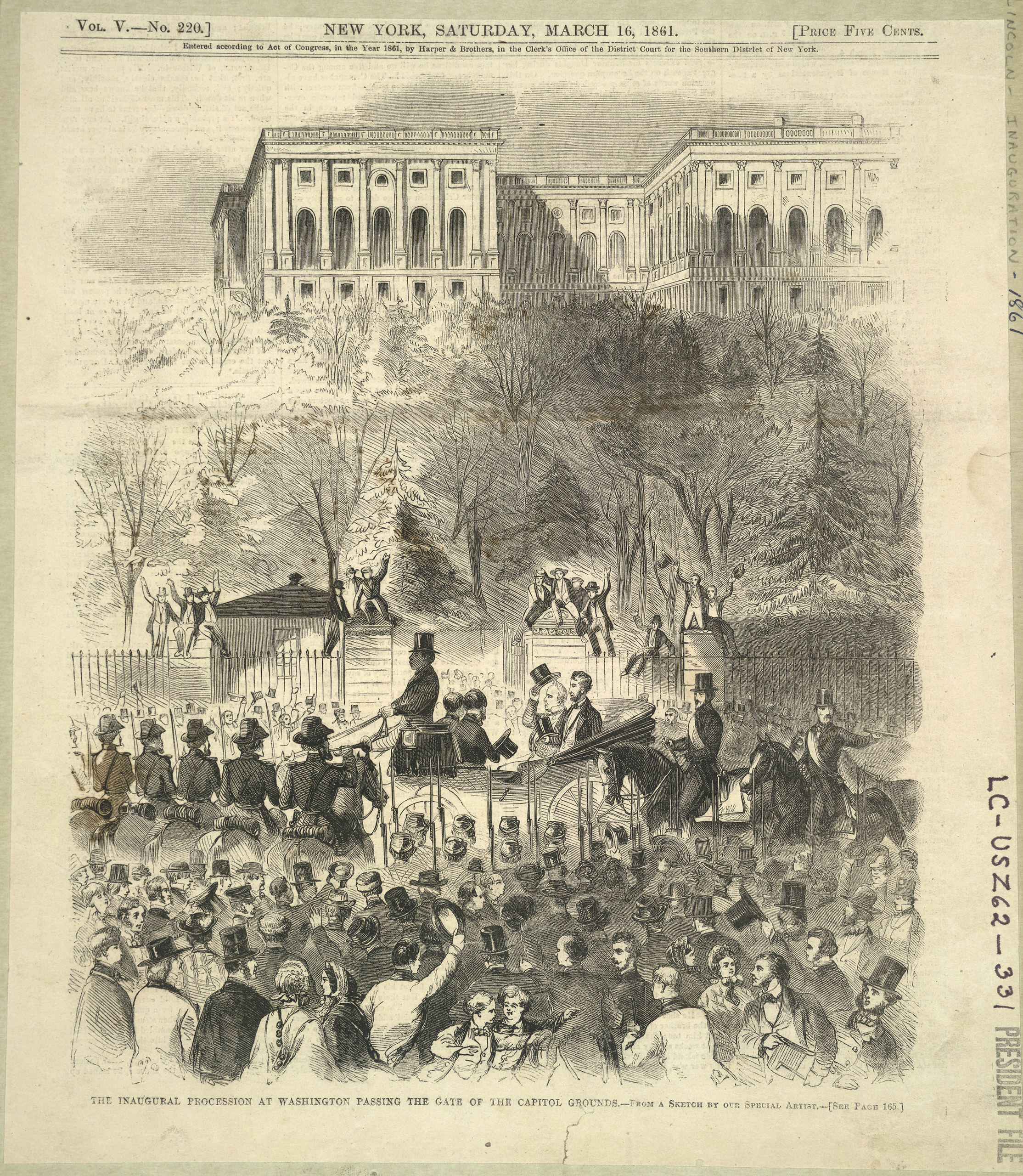 President-elect Abraham Lincoln and President Buchanan (tipping his top hat) amidst cheering crowd before west gate at base of Capitol grounds, on their way to the Capitol for Lincoln's first inauguration, 1861.