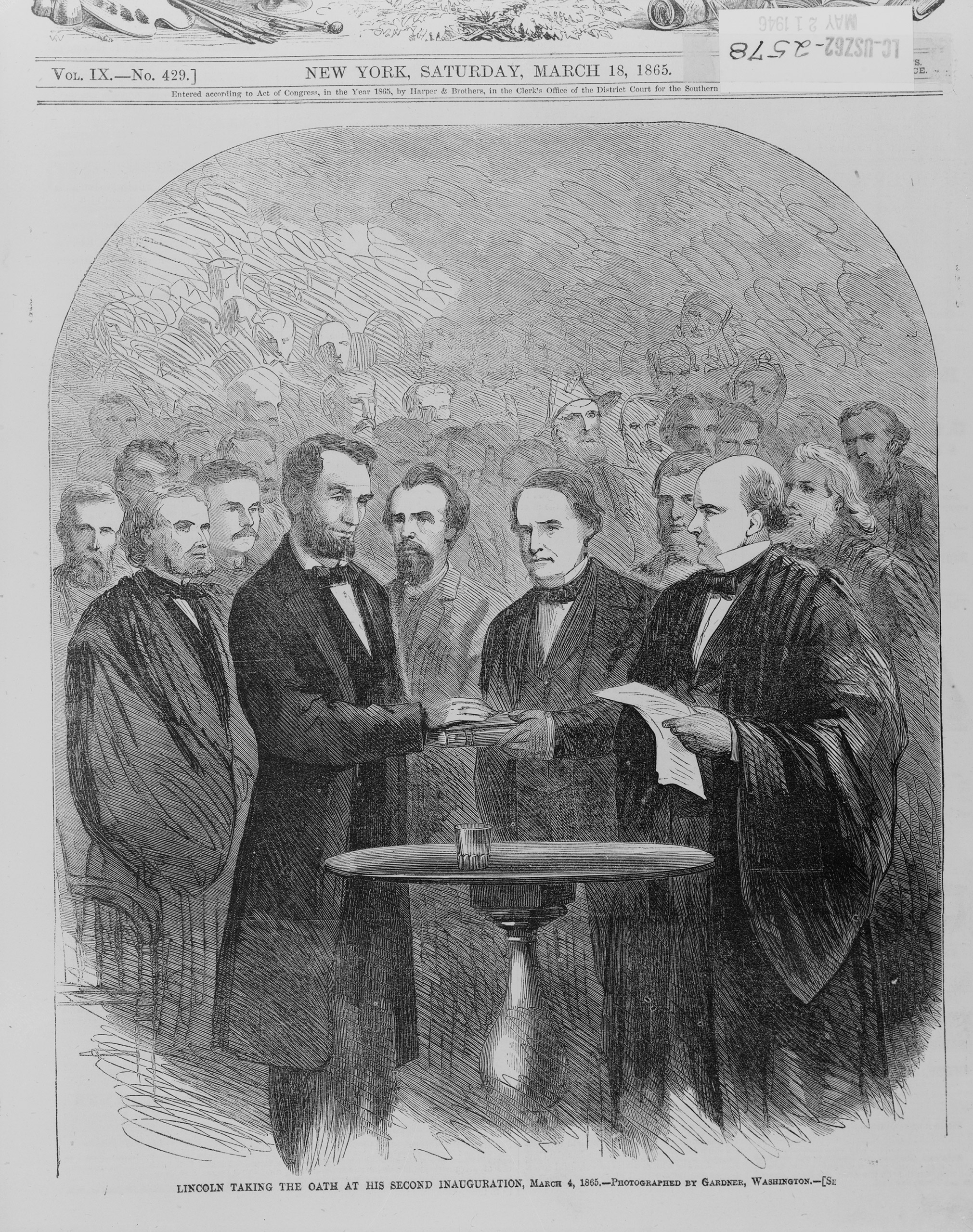 Abraham Lincoln taking the oath at his second inauguration, March 4, 1865.
