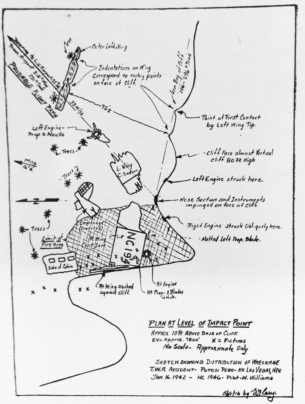 Warren E. Carey of the Civil Aeronautics Board stood in the snow and drew this map of the crash scene on January 18, 1942.