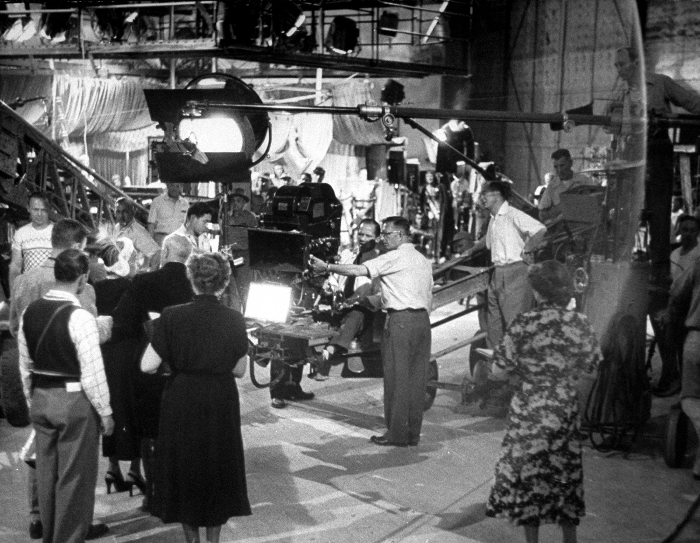 Behind the scenes during the filming of 'Sunset Blvd,' 1949.