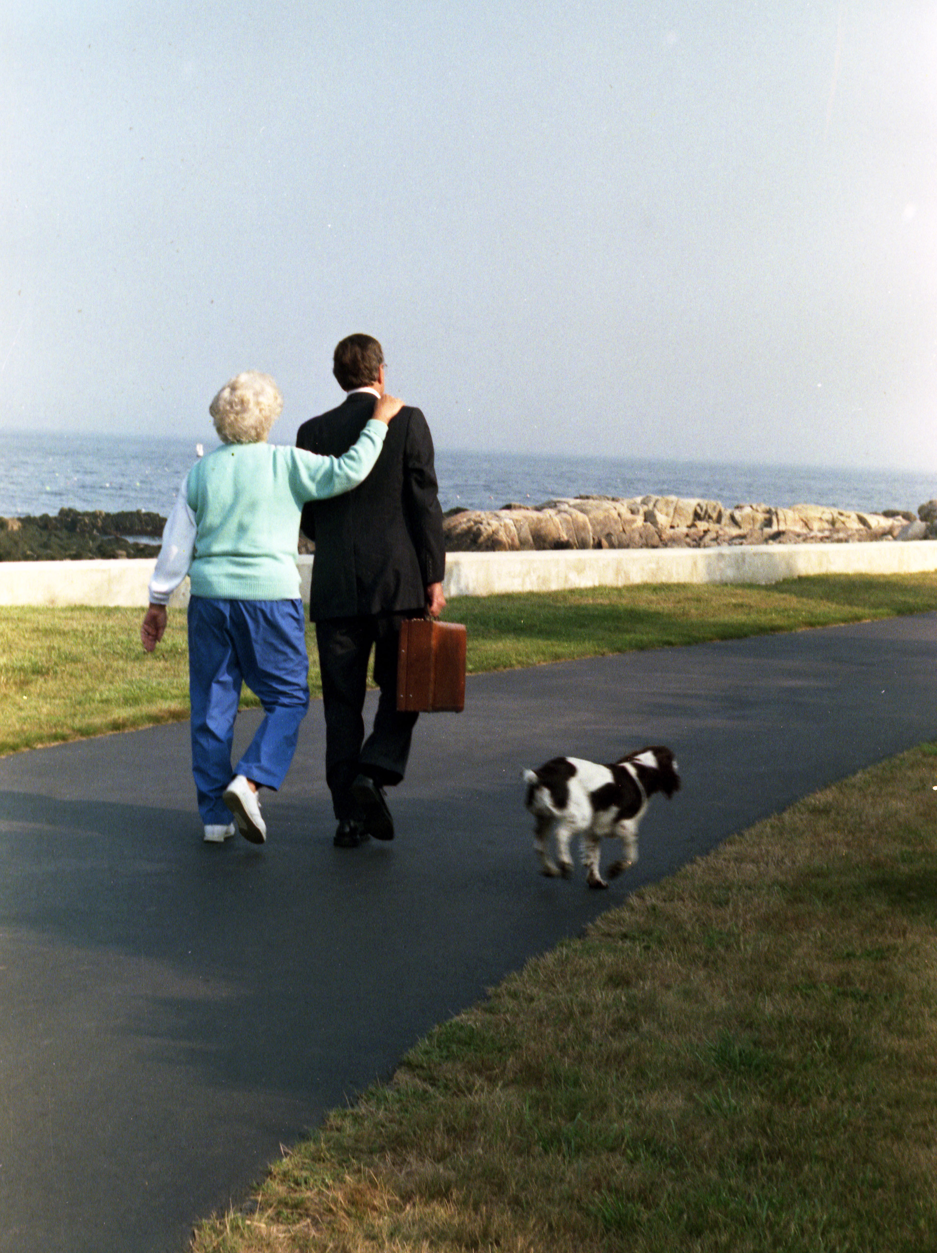 President George H.W. and Mrs. Barbara Bush walk down the driveway as Millie trots alongside, Walker's Point, Kennebunkport, ME, Aug. 16, 1989.
