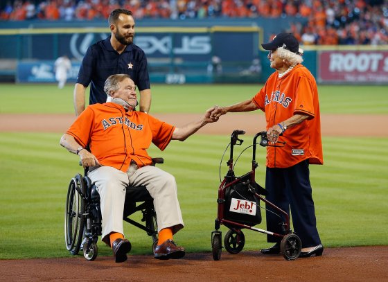 Former President George H.W. Bush and former First Lady Barbara Bush are introduced prior to game three of the American League Division Series between the Houston Astros and the Kansas City Royals at Minute Maid Park on Oct. 11, 2015 in Houston, TX.