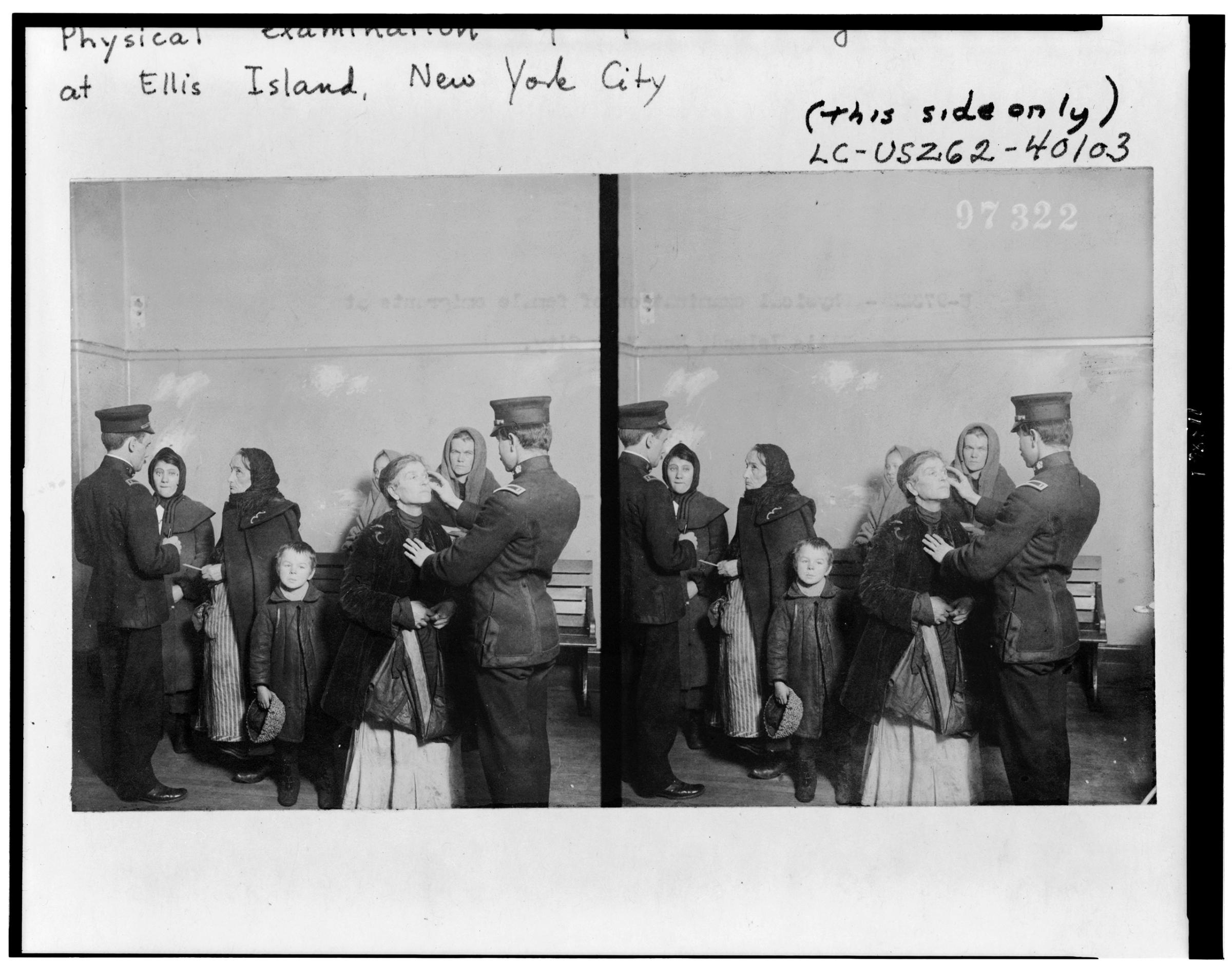 Physical examination of female immigrants at Ellis Island, New York City, circa 1911.