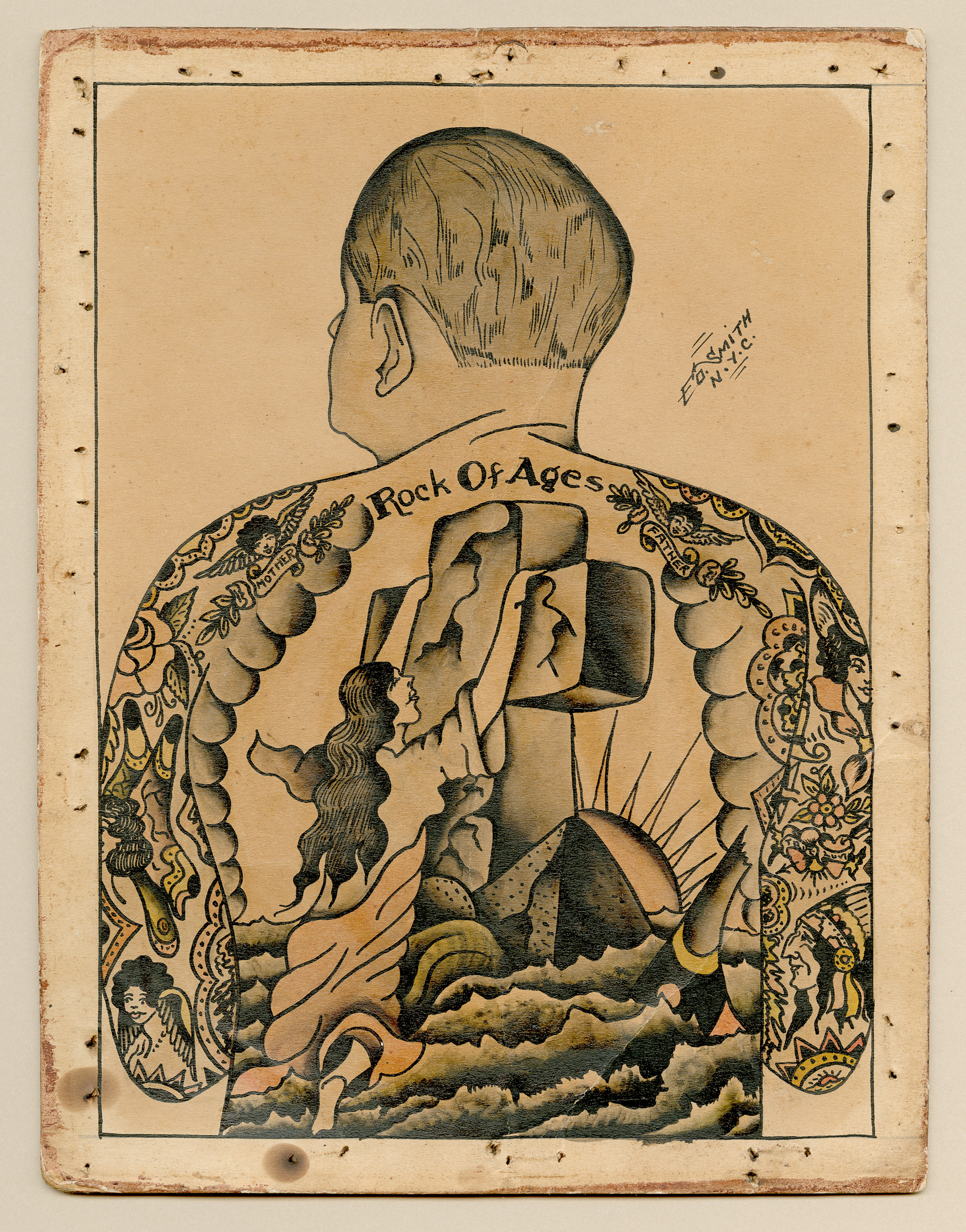 Self-portrait showing Rock of Ages back piece, ca. 1920 by Ed Smith.