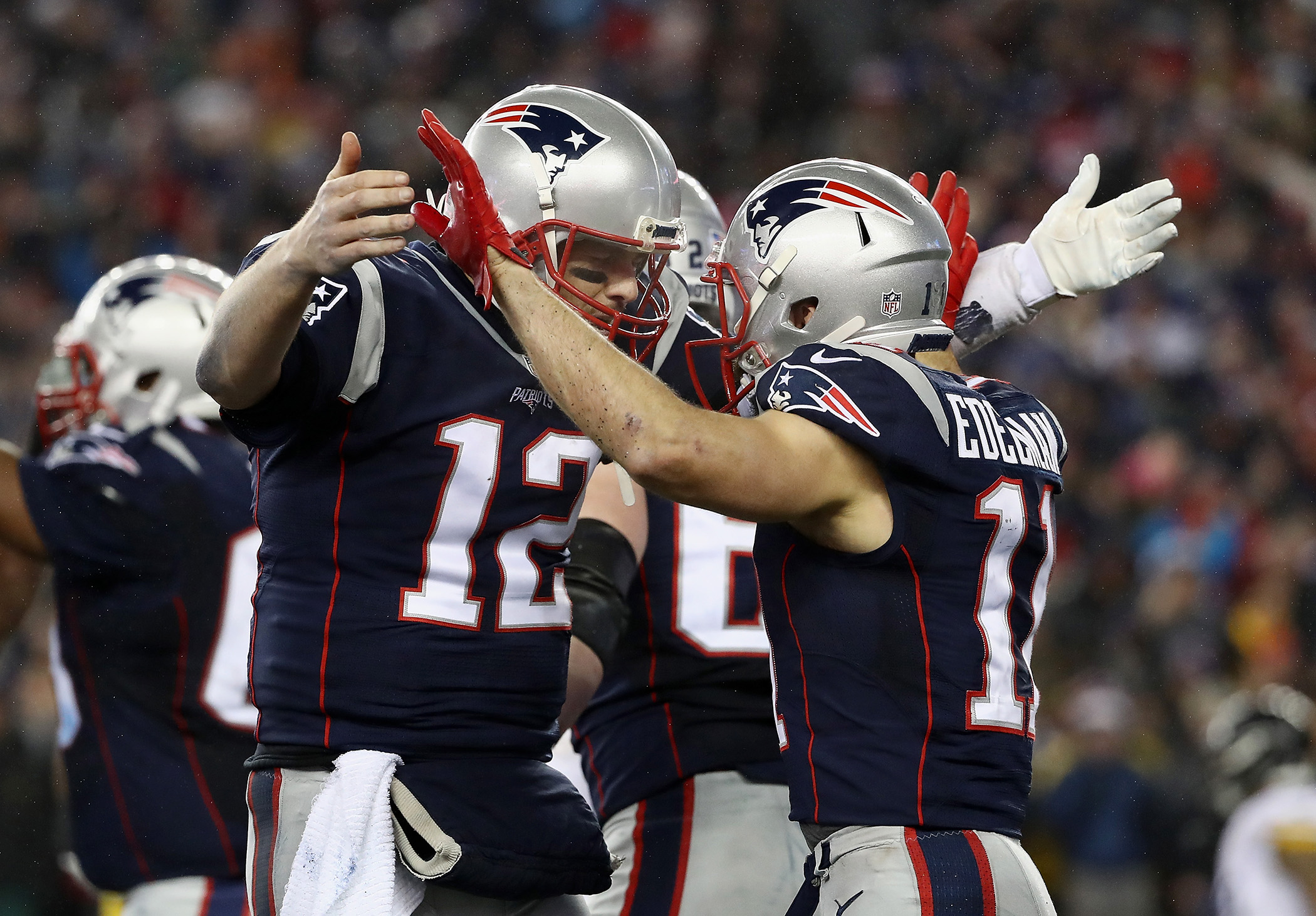Julian Edelman #11 of the New England Patriots celebrates with Tom Brady #12 after scoring a touchdown during the third quarter against the Pittsburgh Steelers in the AFC Championship Game at Gillette Stadium on January 22, 2017 in Foxboro, Massachusetts. (Getty Images)
