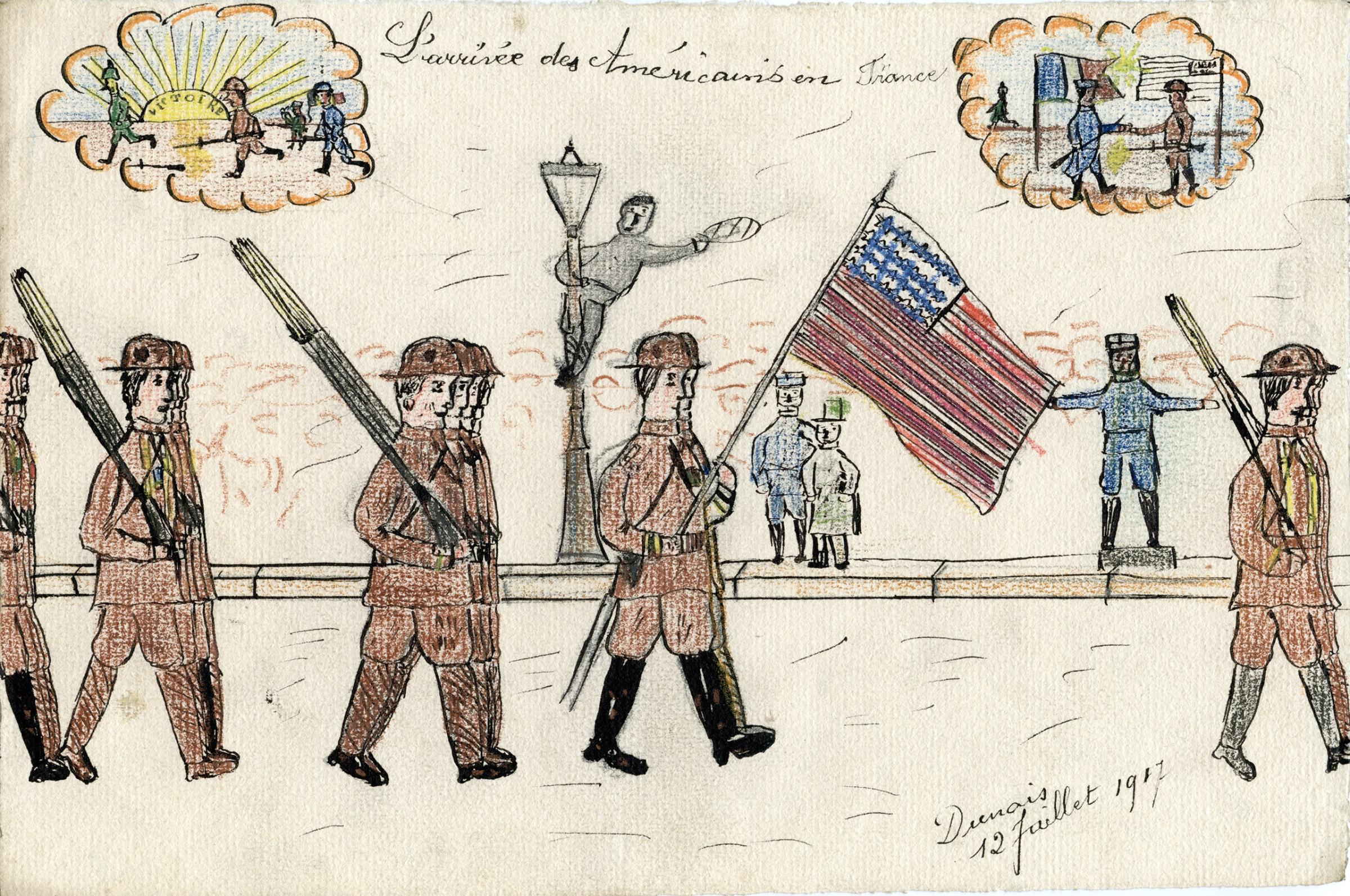 Drawings by French school children after the Americans landed in France in 1917.