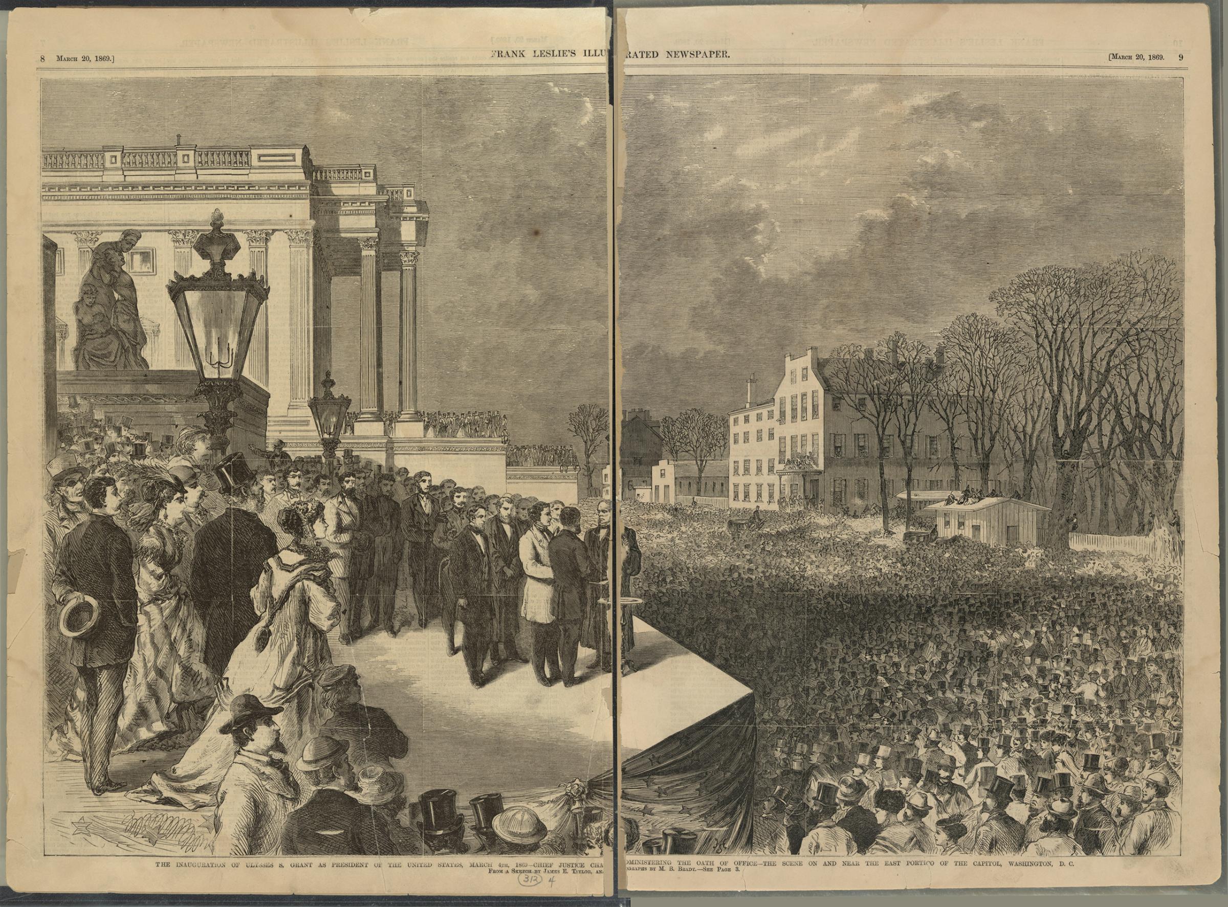 Ulysses S. Grant and Schuyler Colfax taking the oath of office administered by Chief Justice Salmon P. Chase on the east portico of the U.S. Capitol in Washington, D.C., March 4th 1869, before a large crowd.