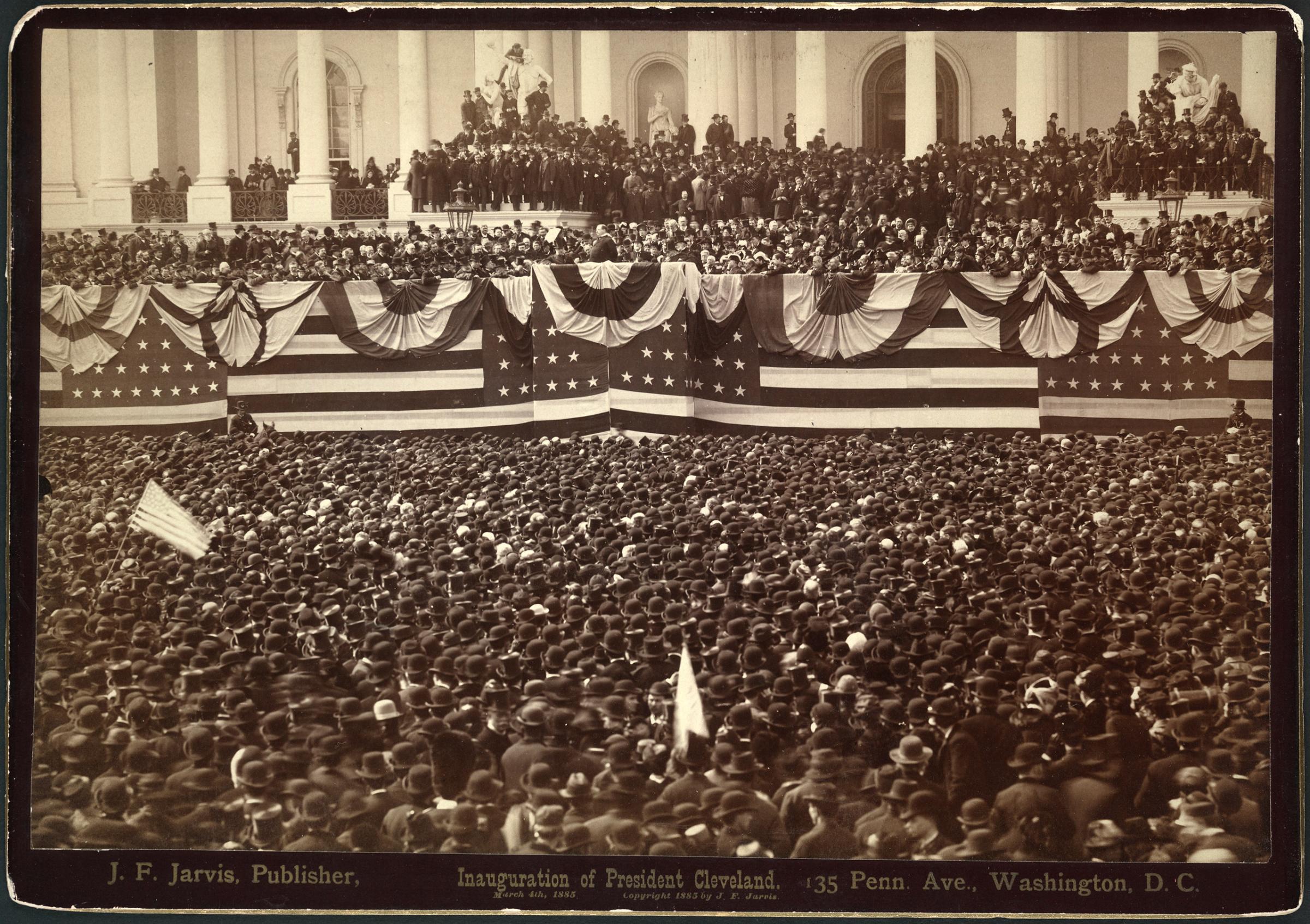 Grover Cleveland, delivering his inaugural address to crowd on east portico of U.S. Capitol at his first inauguration, 1885.