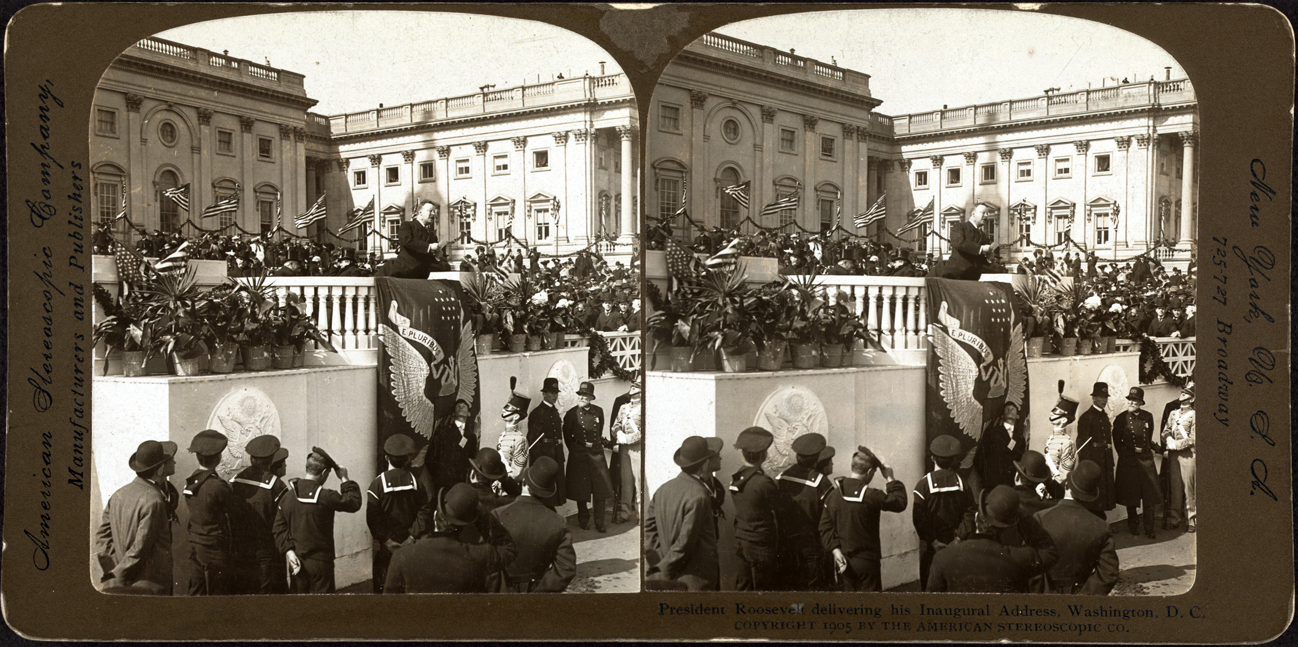 President Theodore Roosevelt delivering his inaugural address, Washington, D.C., 1905.
