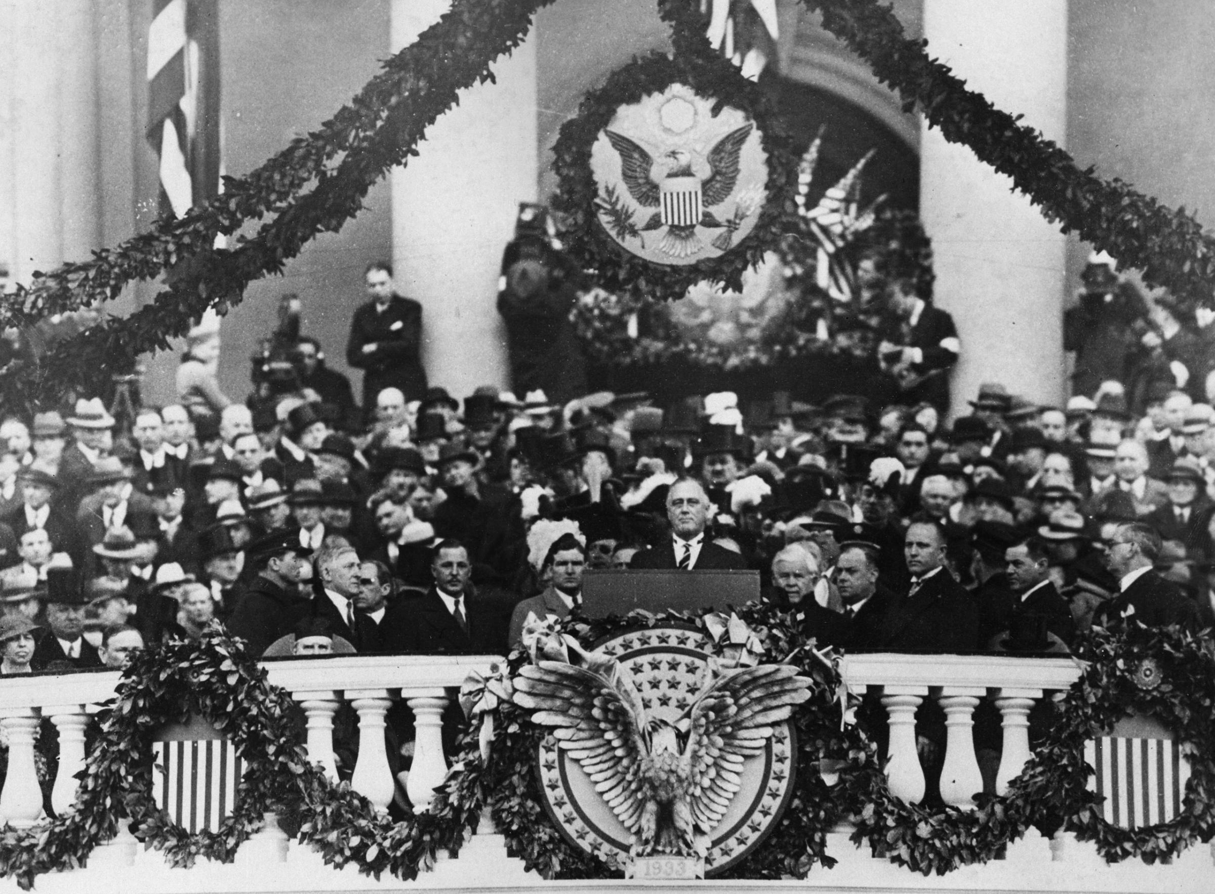 Franklin Delano Roosevelt giving his first inaugural address as 32nd President, 1933.