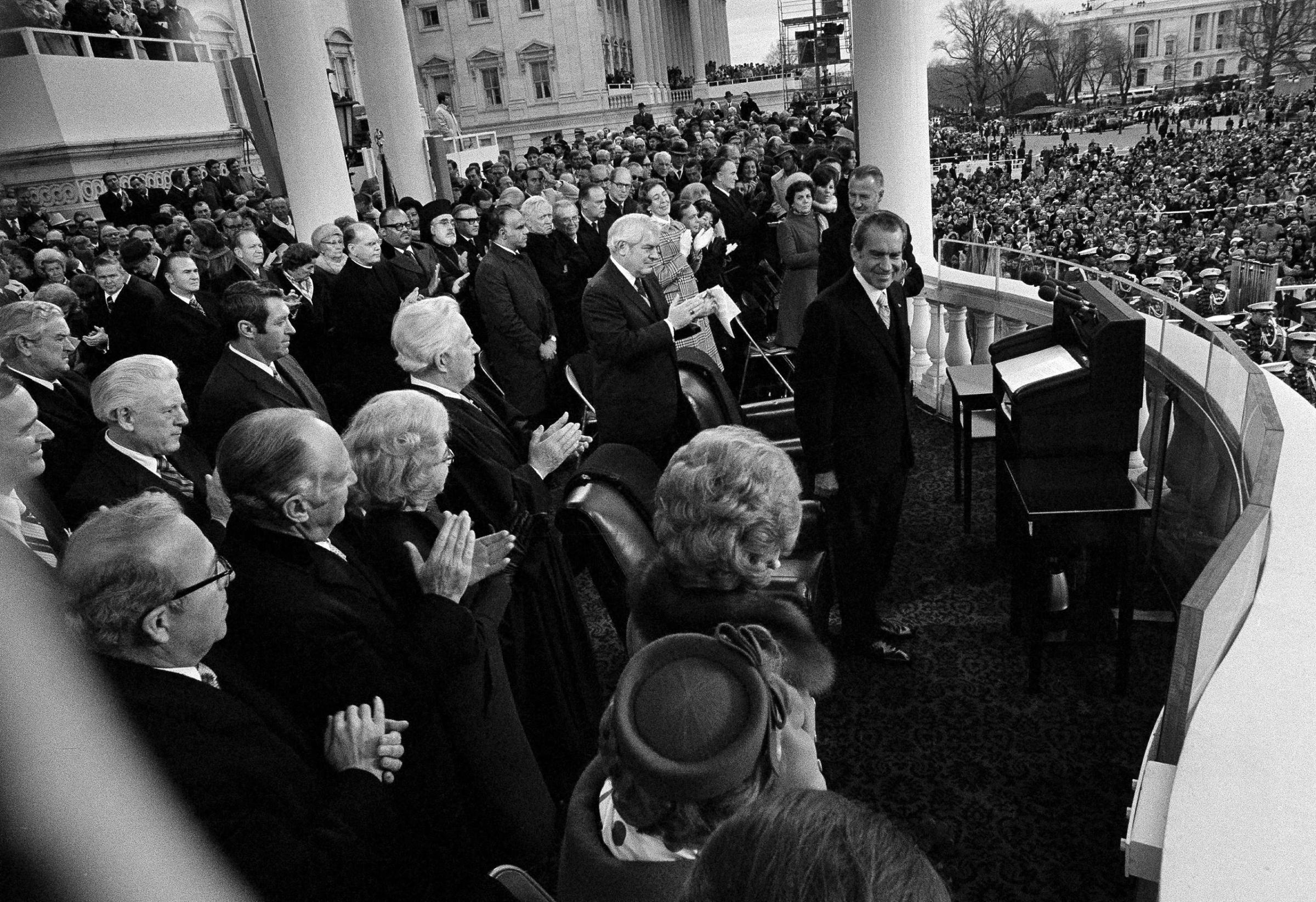 President Richard Nixon acknowledges the applause after delivering his inaugural address during his second inauguration at the Capitol in Washington, D.C., Jan. 20, 1973.
