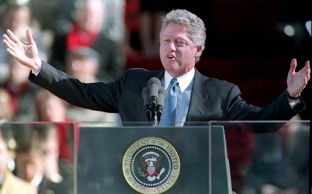 President Bill Clinton delivers his inaugural address after being sworn in Jan. 20, 1993 as the 42nd president of the United States by Supreme Court Chief Justice William Rehnquist in Washington, DC.