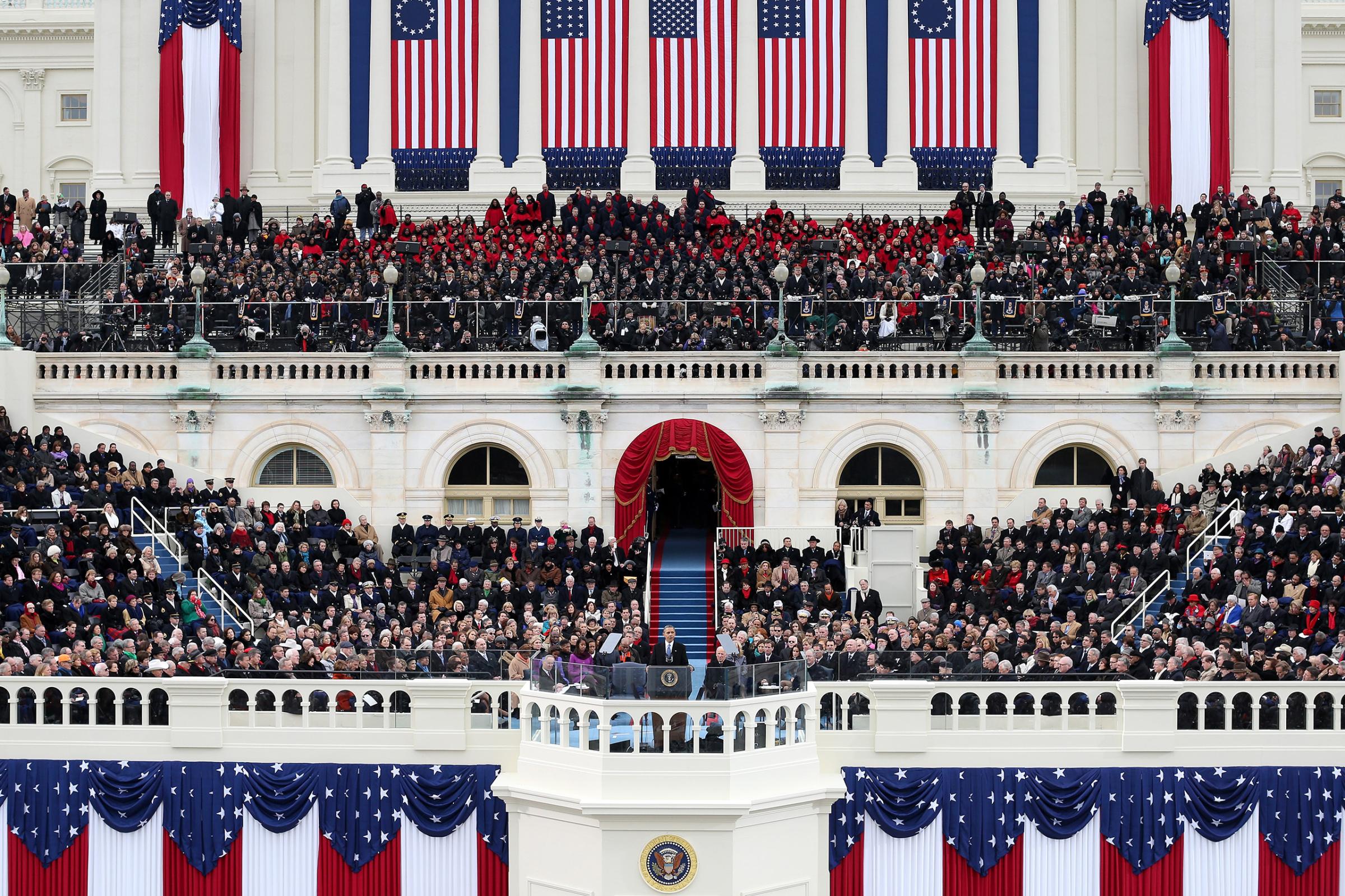 President Barack Obama gives his inauguration address during the public ceremonial inauguration on the West Front of the U.S. Capitol January 21, 2013 in Washington, DC.