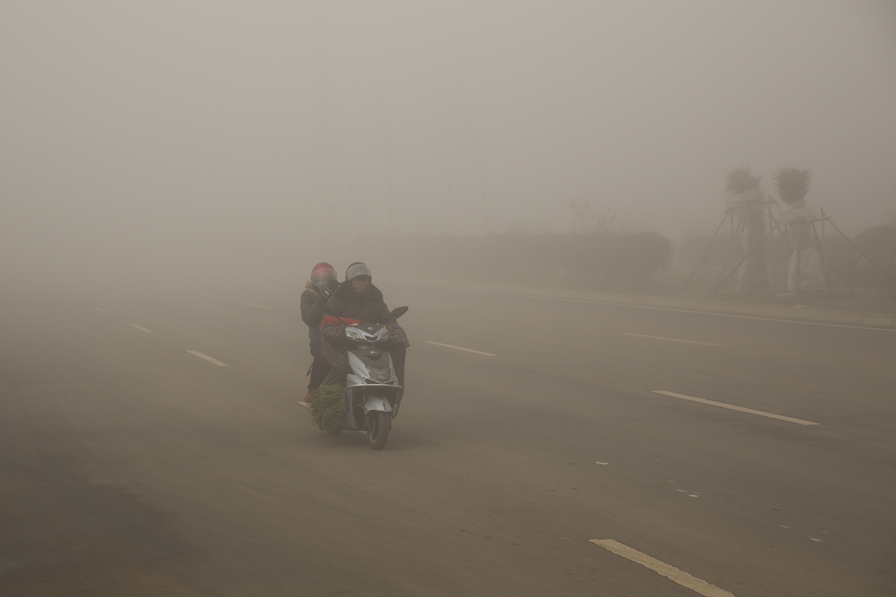 Cyclists ride along a road in heavy smog on Dec. 31, 2016 in Beijing, China. (Lintao Zhang—Getty Images)
