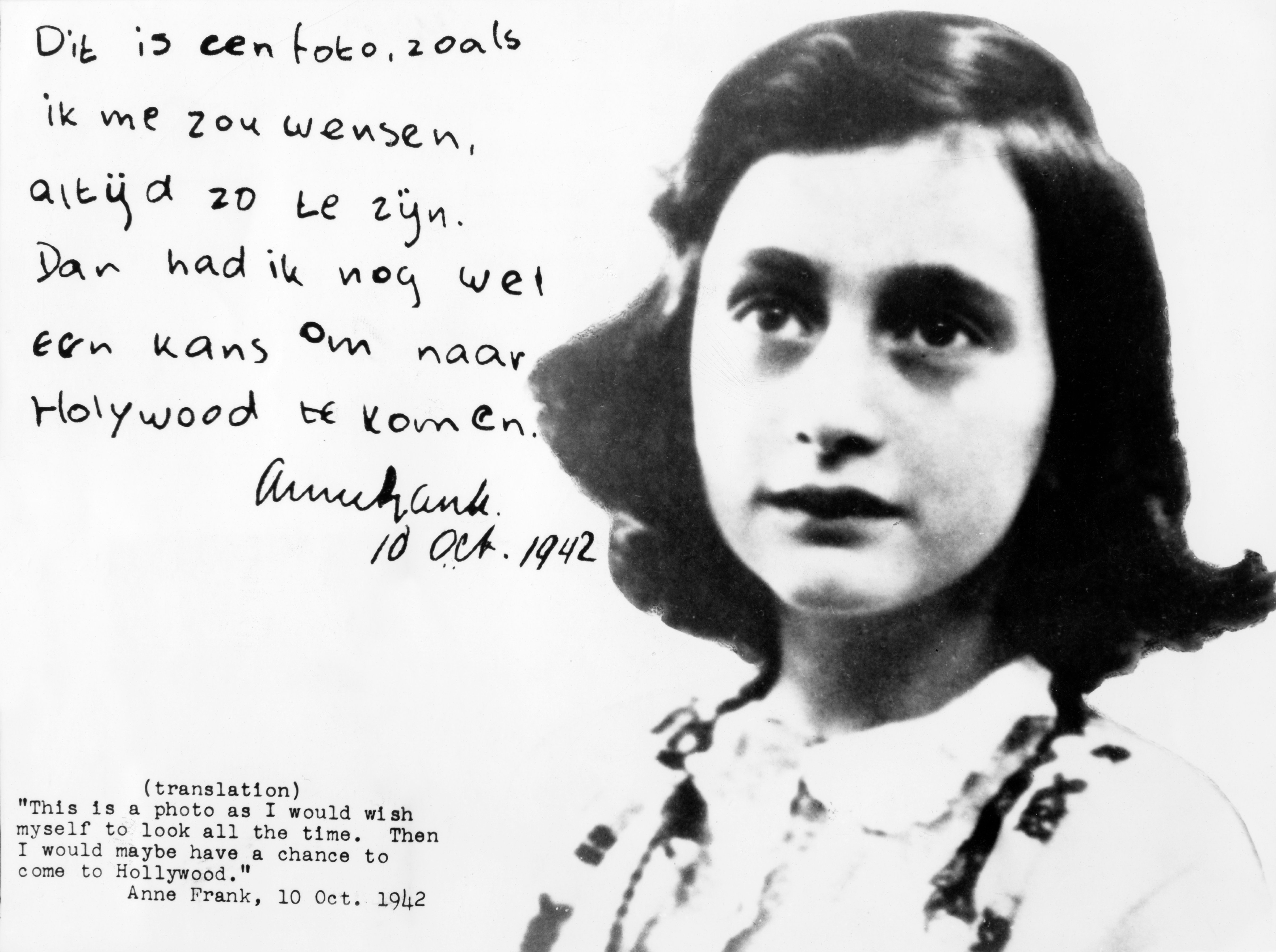 Anne Frank, German Jew who emigrated with her family to the Netherlands during the Nazi period. Separated from the rest of her family, she and her sister died of typhoid fever in the concentration camp Bergen-Belsen - Portrait with hadwritten comme
